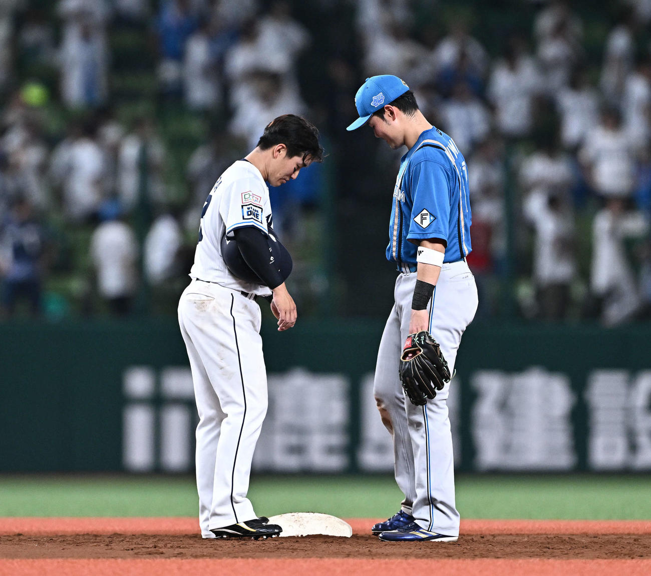 西武対日本ハム　6回裏西武2死、野村大（左）の一塁を踏んだかどうかのリプレー検証中に話す三塁手清宮（撮影・滝沢徹郎）