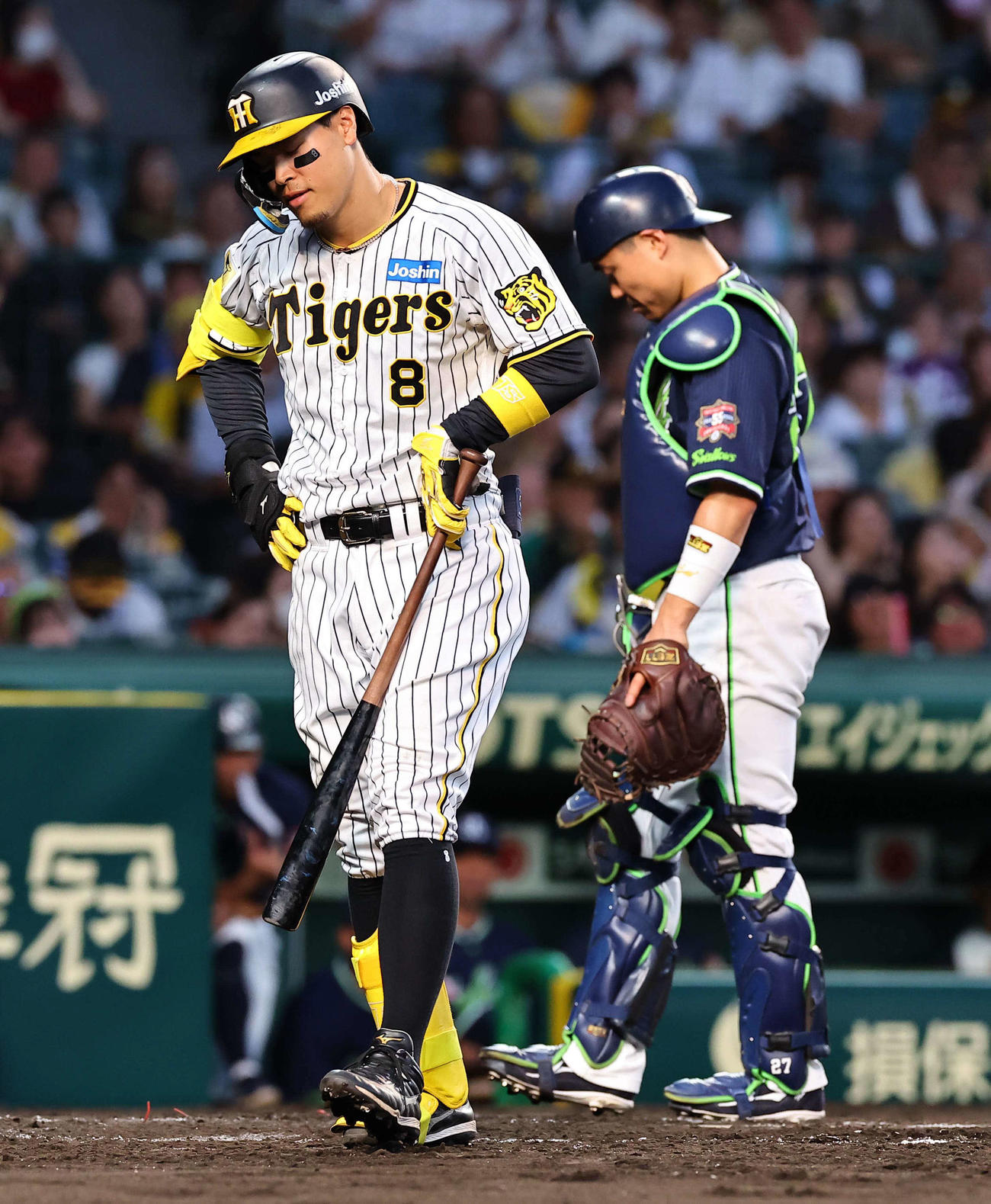 阪神対ヤクルト　4回裏阪神無死一塁、佐藤輝は三振に倒れる（撮影・上田博志）