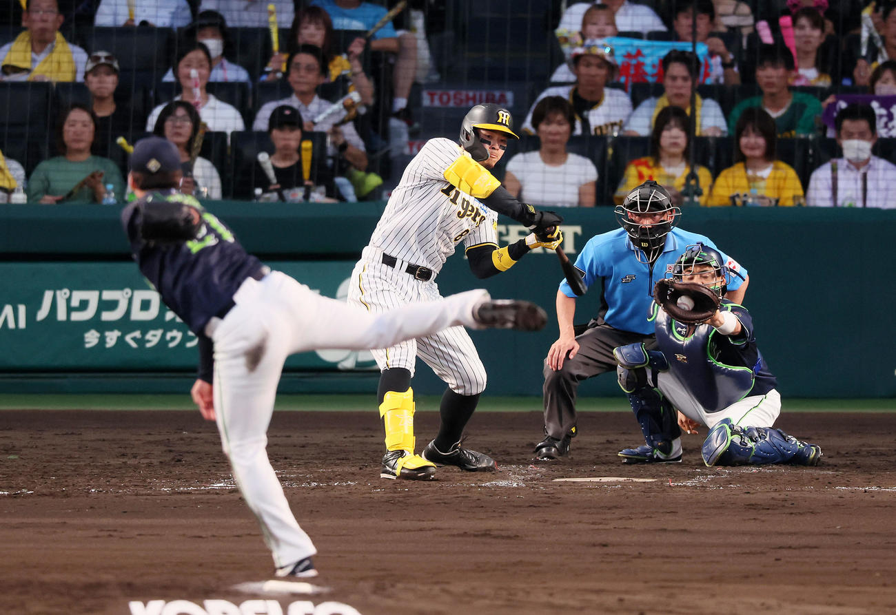 阪神対ヤクルト　4回裏阪神無死一塁、佐藤輝は三振に倒れる。投手吉村（撮影・加藤哉）