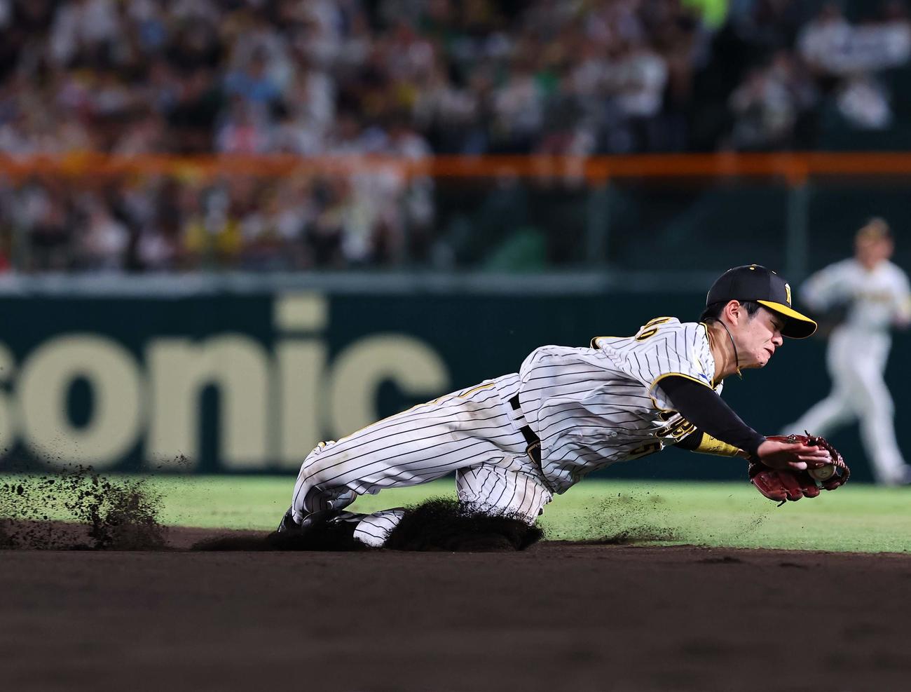 阪神対ヤクルト　7回表ヤクルト無死、中野は宮本の打球をさばくも内野安打を許す（撮影・上田博志）