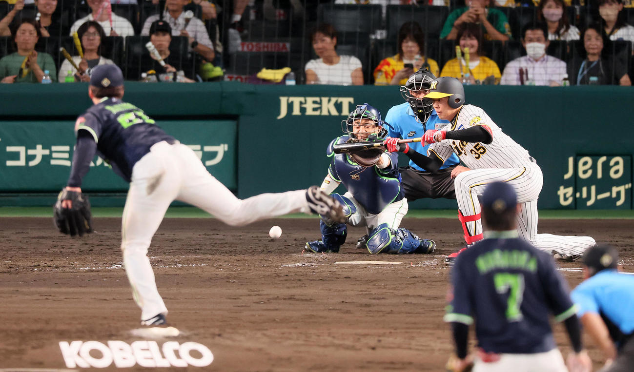 阪神対ヤクルト　5回裏阪神1死一塁、才木は送りバントを決める。投手吉村（撮影・加藤哉）