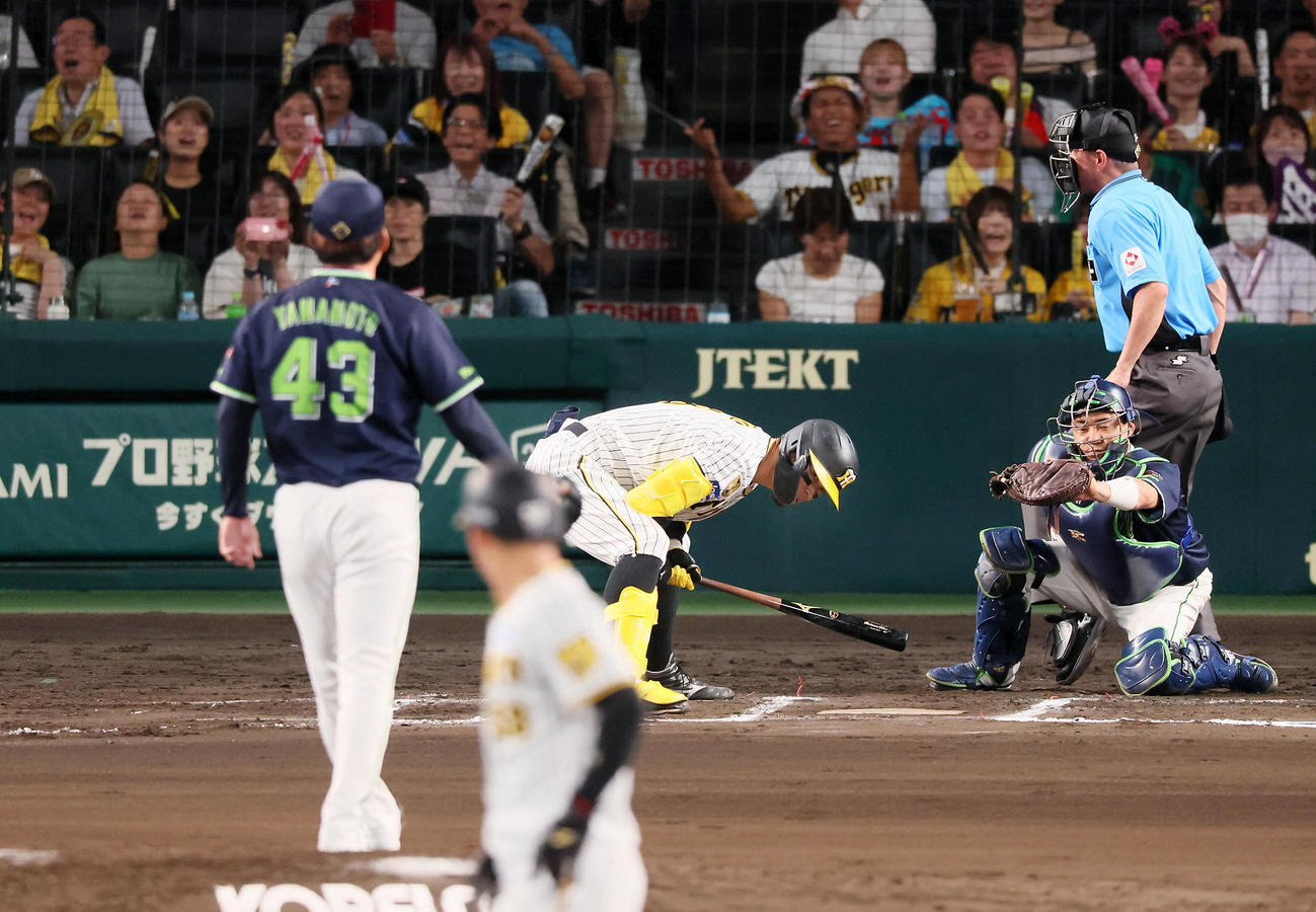 阪神対ヤクルト　6回裏阪神1死一、二塁、三振に倒れる佐藤輝。投手山本（撮影・加藤哉）
