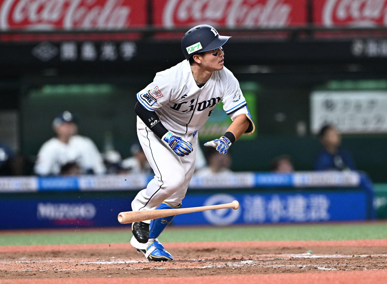 西武対日本ハム　5回裏西武2死、野村大は右中間へ安打を放つも、一塁ベースを踏み忘れアウトとなる（2024年7月9日撮影）