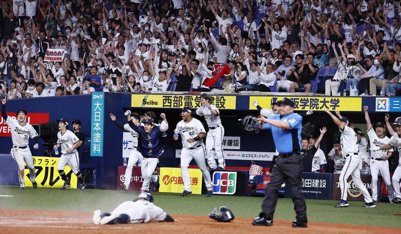 オリックス対ソフトバンク　9回裏オリックス無死満塁、頓宮裕真のサヨナラ犠飛で森友哉が生還し、ベンチを飛び出す宮城（左から4人目）らオリックスナイン。右から2人目は中嶋監督（撮影・藤尾明華）