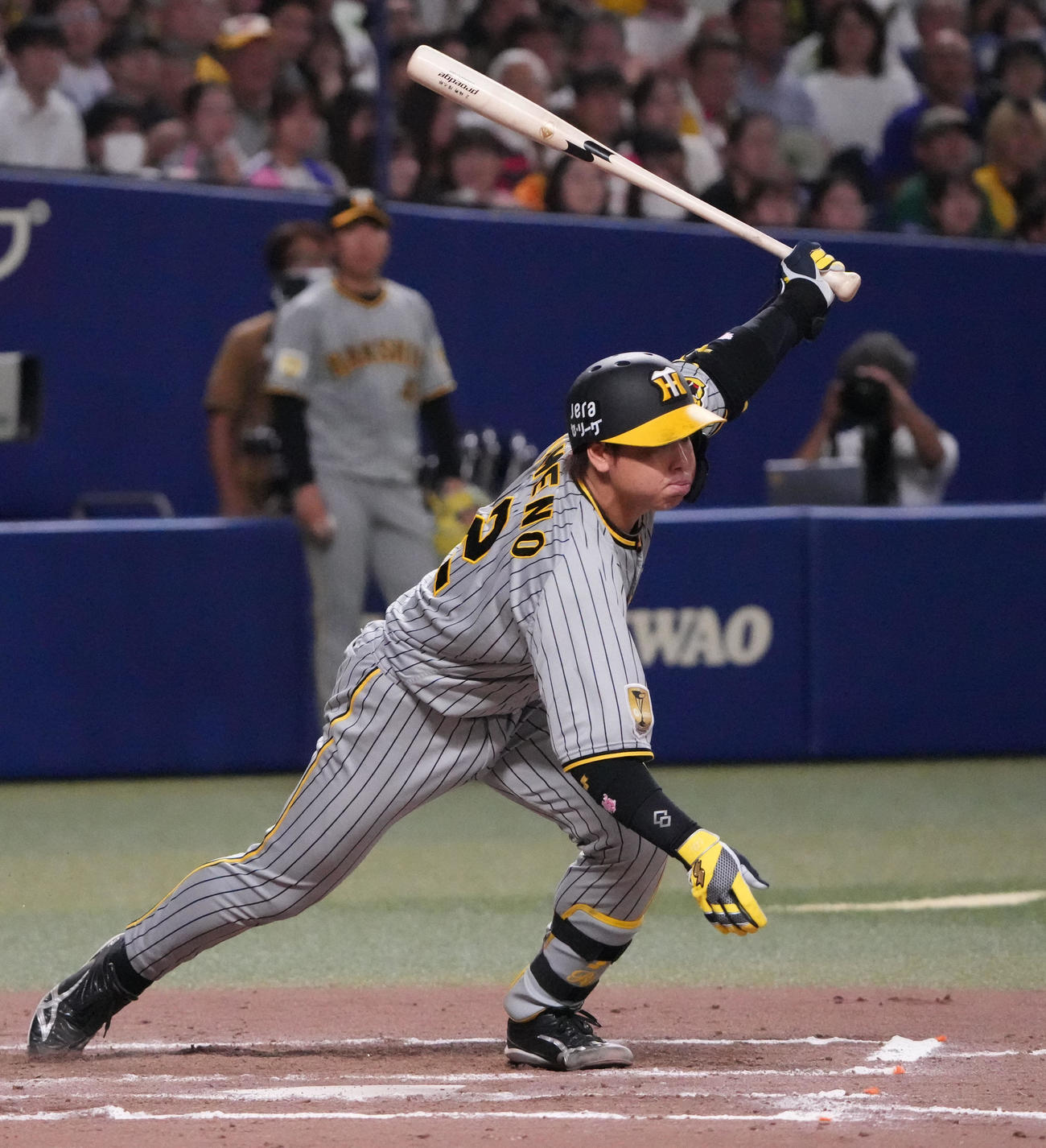 中日対阪神　8回表阪神1死、右前打を放つ梅野（撮影・森本幸一）