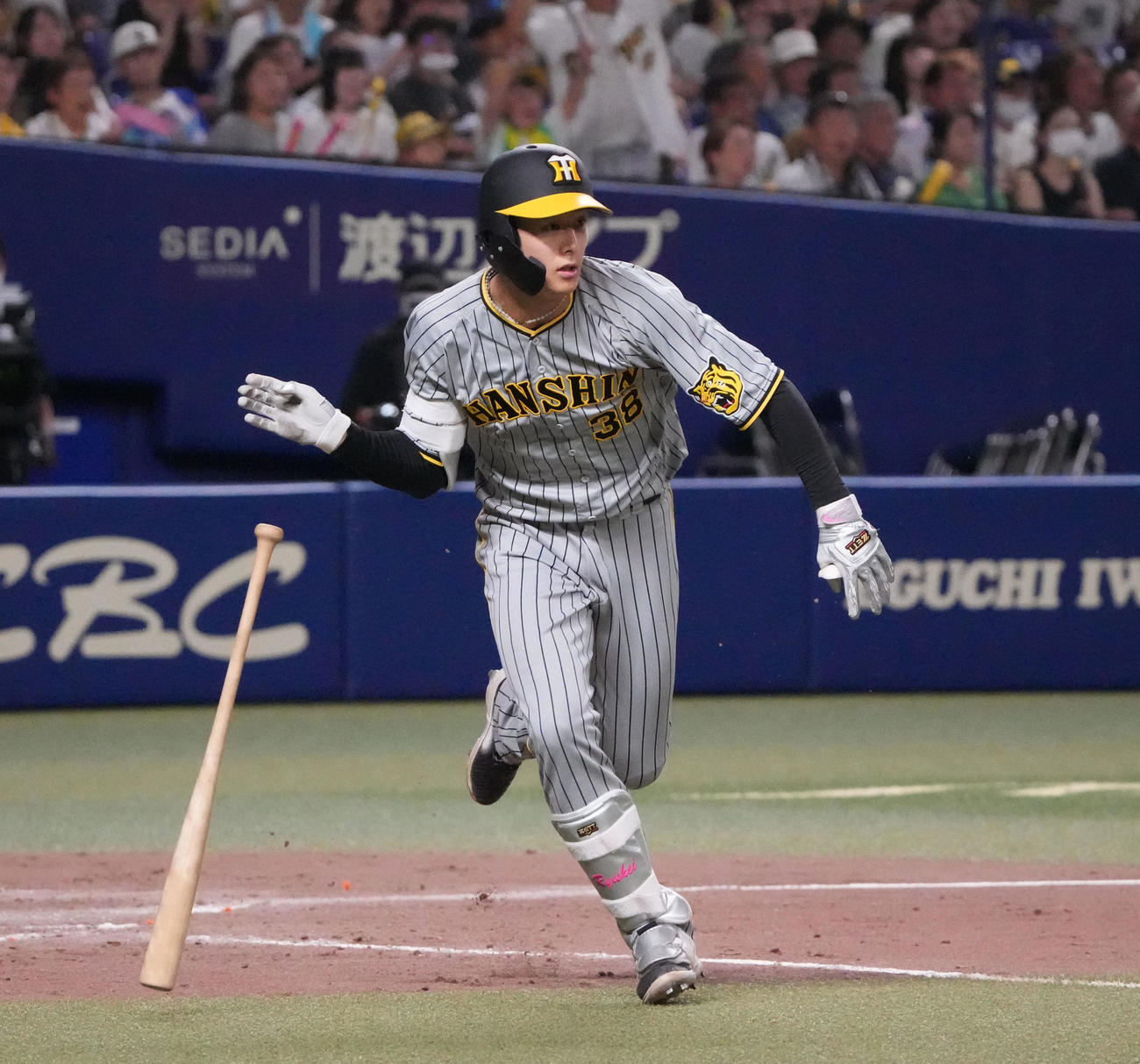 中日対阪神　5回表阪神2死一、三塁、小幡は右翼へ2点適時三塁打を放つ（撮影・森本幸一）