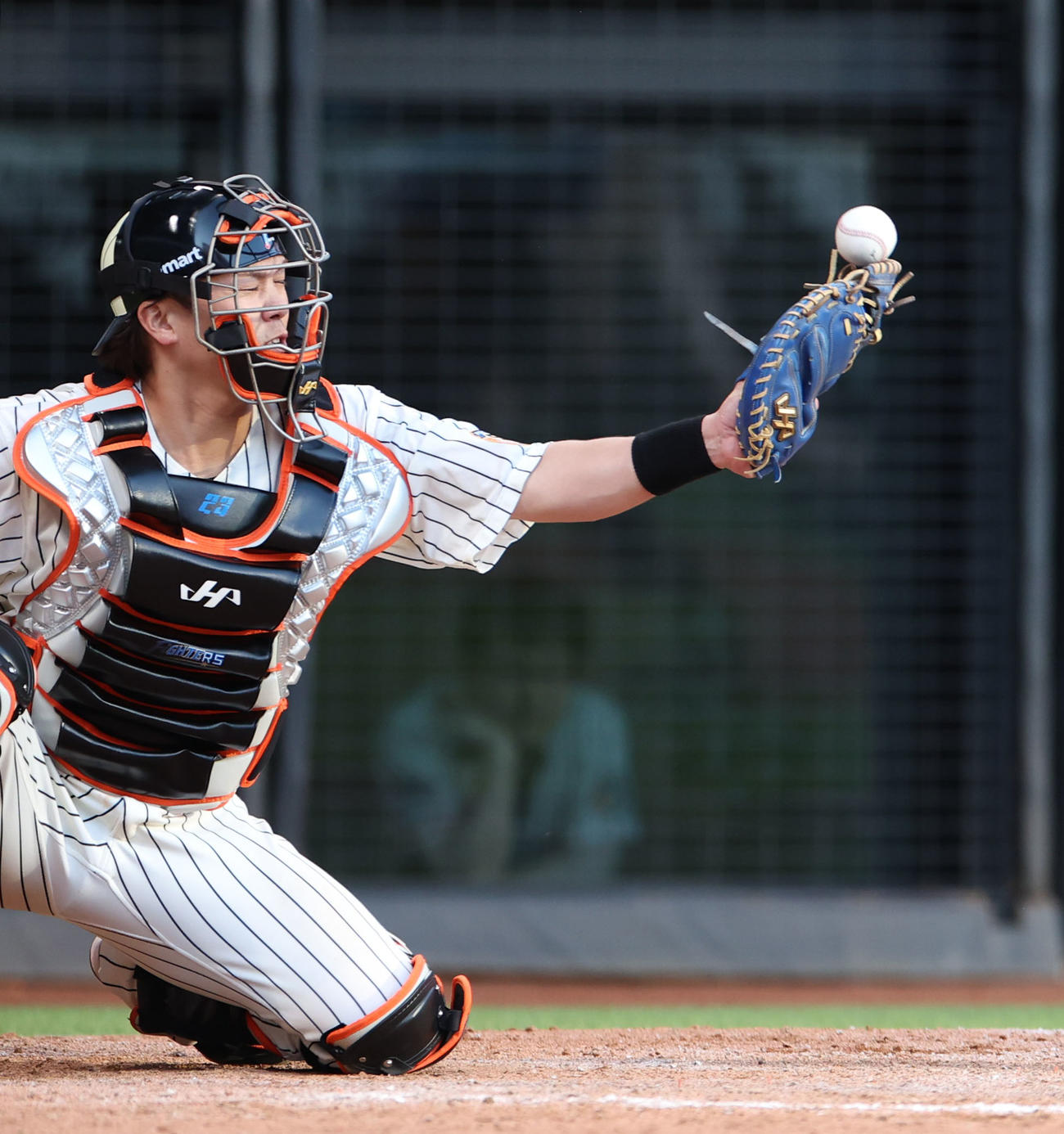 日本ハム対ソフトバンク　9回表ソフトバンク2死一一塁、吉田を三振にとりボールを必死になってキャッチしようとする伏見（撮影・佐藤翔太）