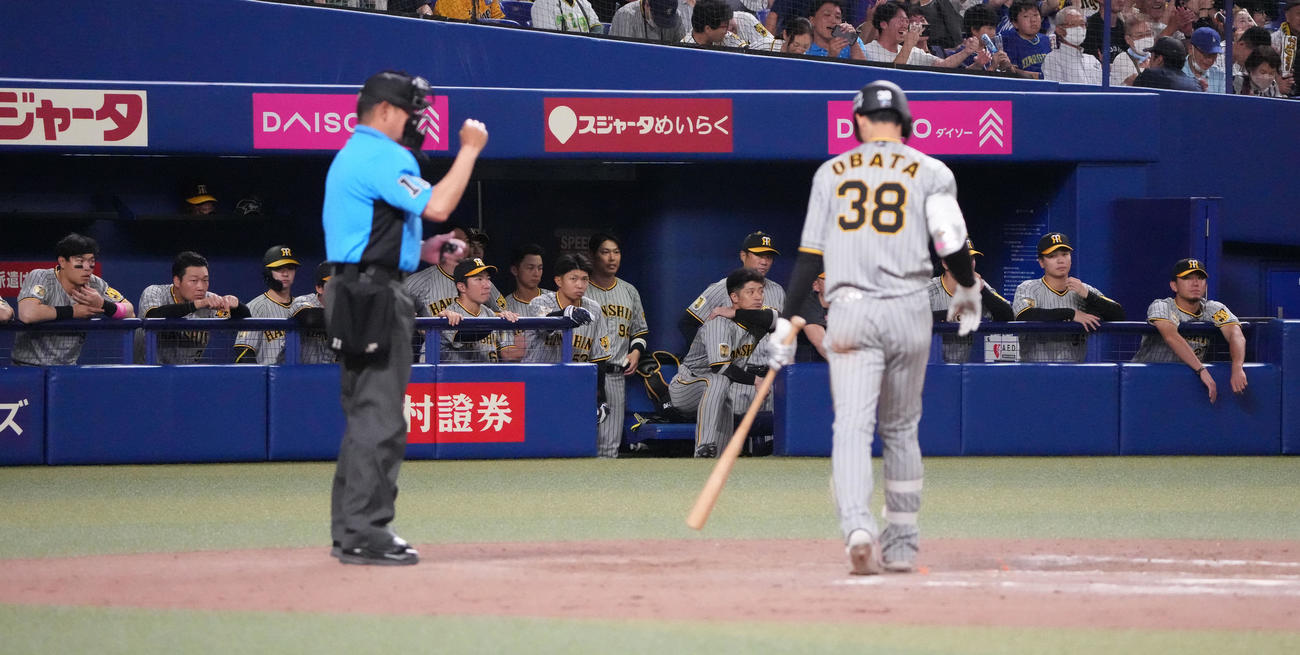 中日対阪神　9回表阪神2死二、三塁、小幡の三振で試合終了となり落胆する、左から佐藤輝、大山、右から伊藤将、漆原ら阪神ナイン（撮影・森本幸一）