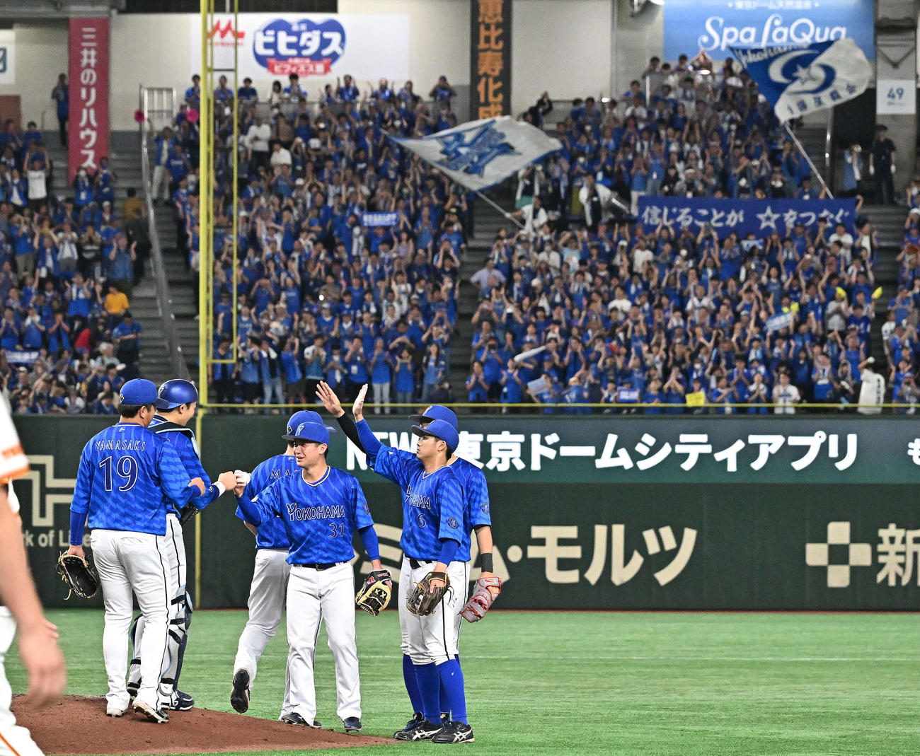 巨人対DeNA　試合に勝利しタッチをかわすDeNAの選手たち（撮影・滝沢徹郎）