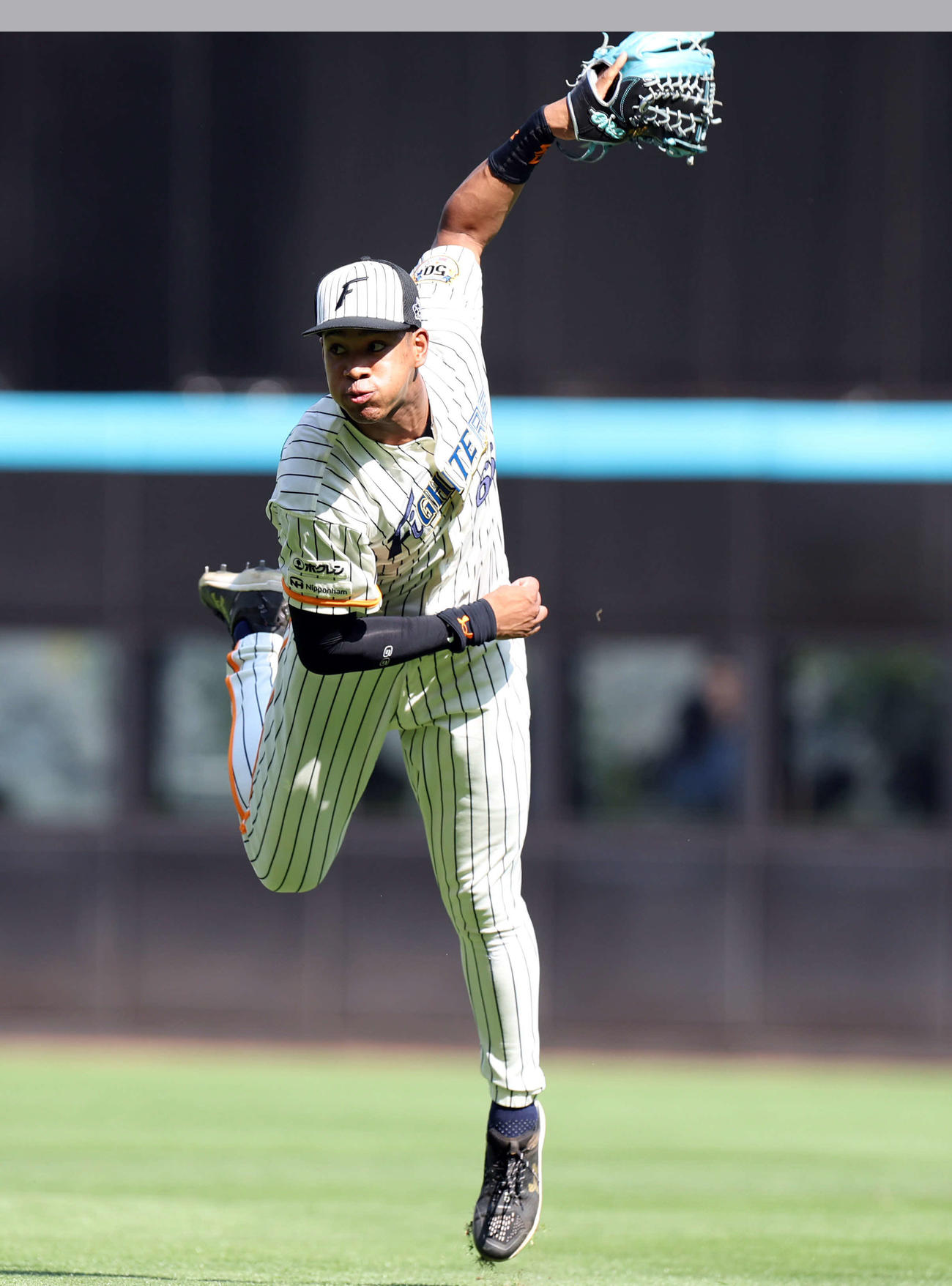 日本ハム対ソフトバンク　7回表ソフトバンク2死二塁、甲斐の右前打で生還を試みる二塁走者の周東を本塁で補殺する万波（撮影・佐藤翔太）