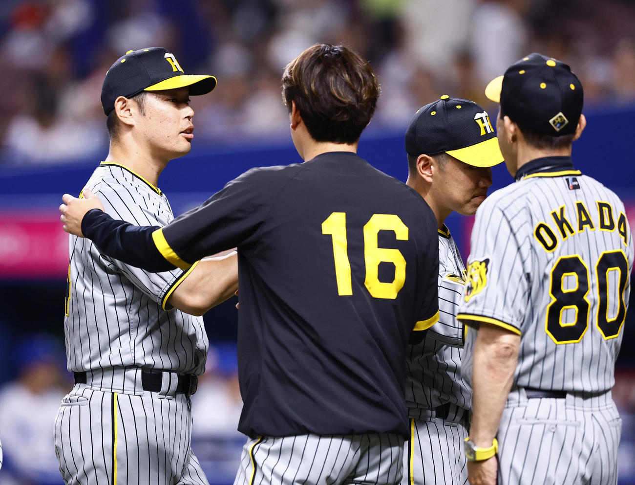 中日対阪神　中日に勝利し、岡田監督（右）らとタッチを交わす阪神原口（右端）（撮影・藤尾明華）