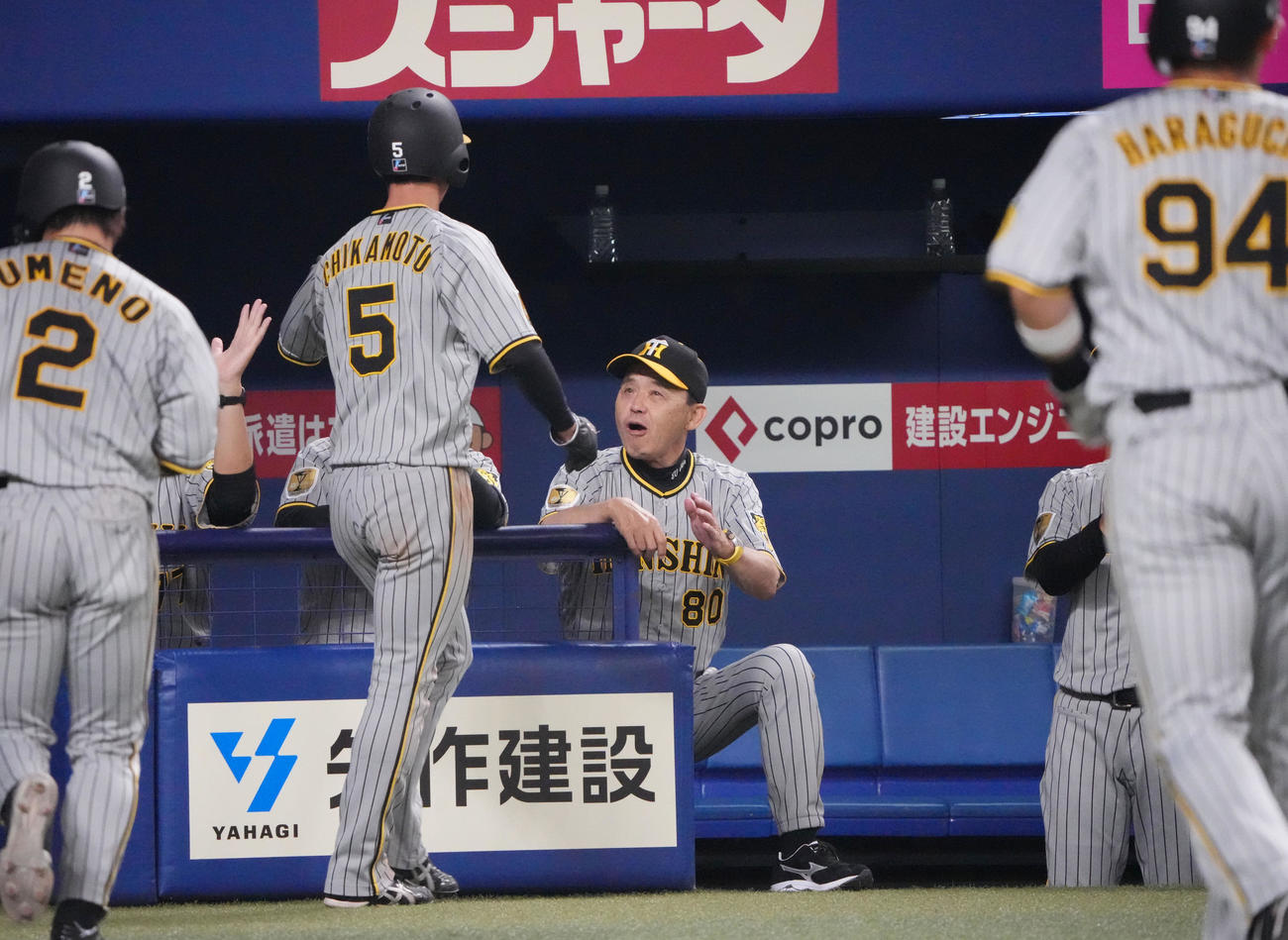中日対阪神　10回表阪神2死満塁、植田の左中間3点適時三塁打で生還した近本らを迎える岡田監督（左から3人目）（撮影・森本幸一）