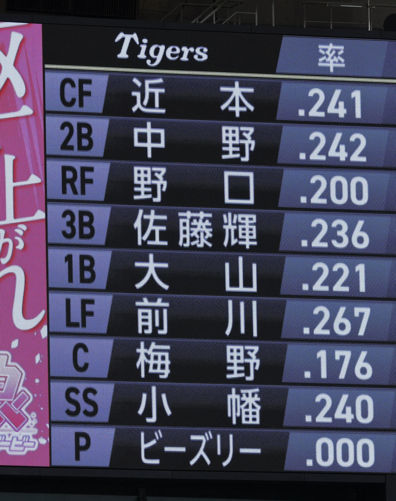 巨人対阪神　阪神スタメン（撮影・藤尾明華）