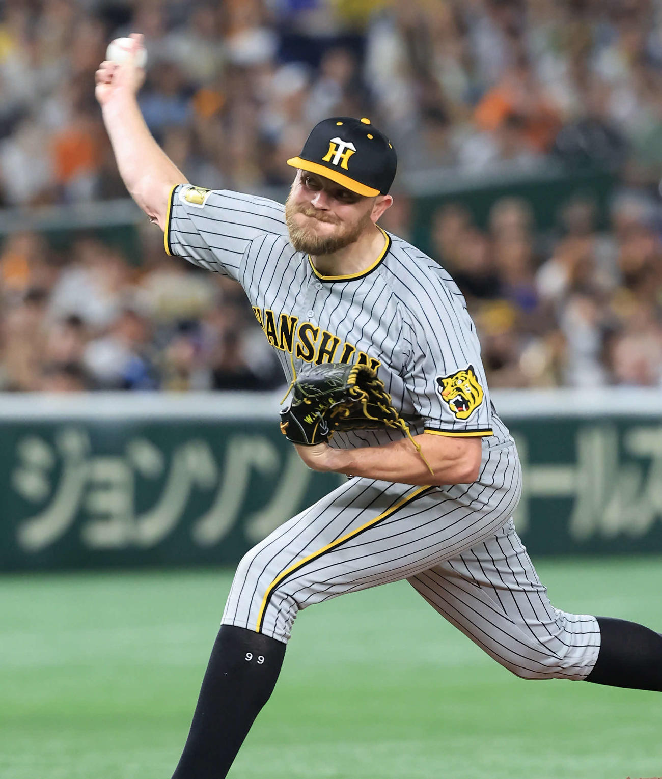巨人対阪神　力投する阪神先発のビーズリー（撮影・浅見桂子）