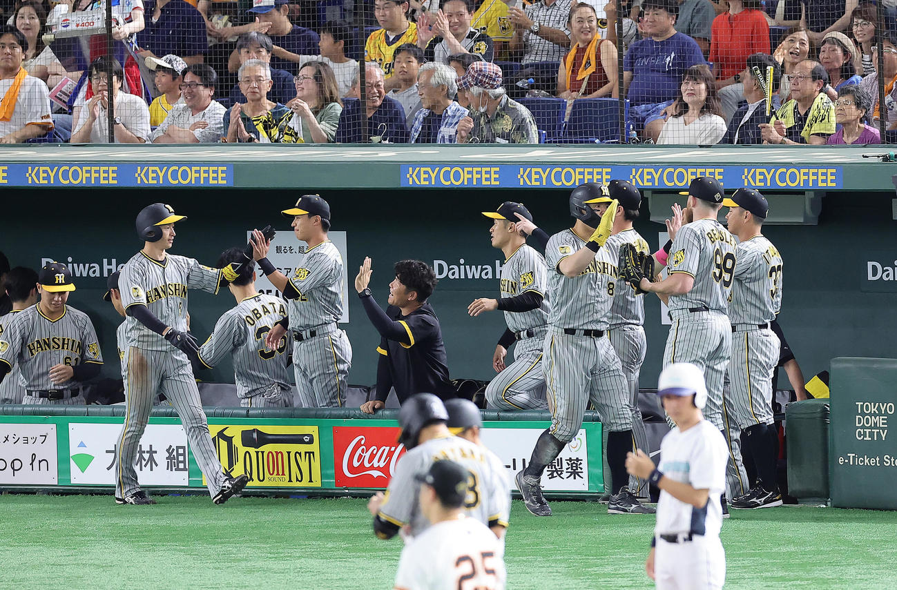 巨人対阪神　4回表阪神2死一、三塁、大山の先制の2点適時二塁打で生還した佐藤輝（右から3人目）とタッチを交わすビーズリー（同2人目）（撮影・足立雅史）