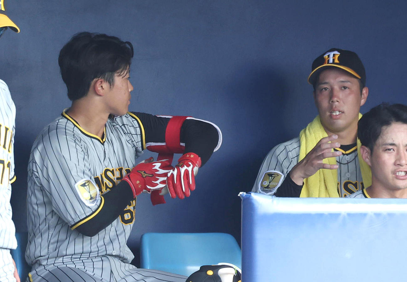 ウエスタンリーグオリックス対阪神　3回裏のオリックスの攻撃を終えベンチで高浜（左）と会話を交わす青柳（撮影・白石智彦）