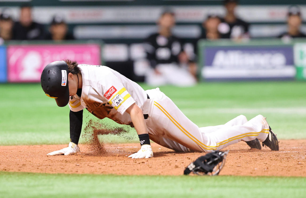 ソフトバンク対ロッテ　5回裏ソフトバンク1死三塁、吉田の打球を二塁手の小川が野選、その間に三塁走者の周東は生還（撮影・梅根麻紀）