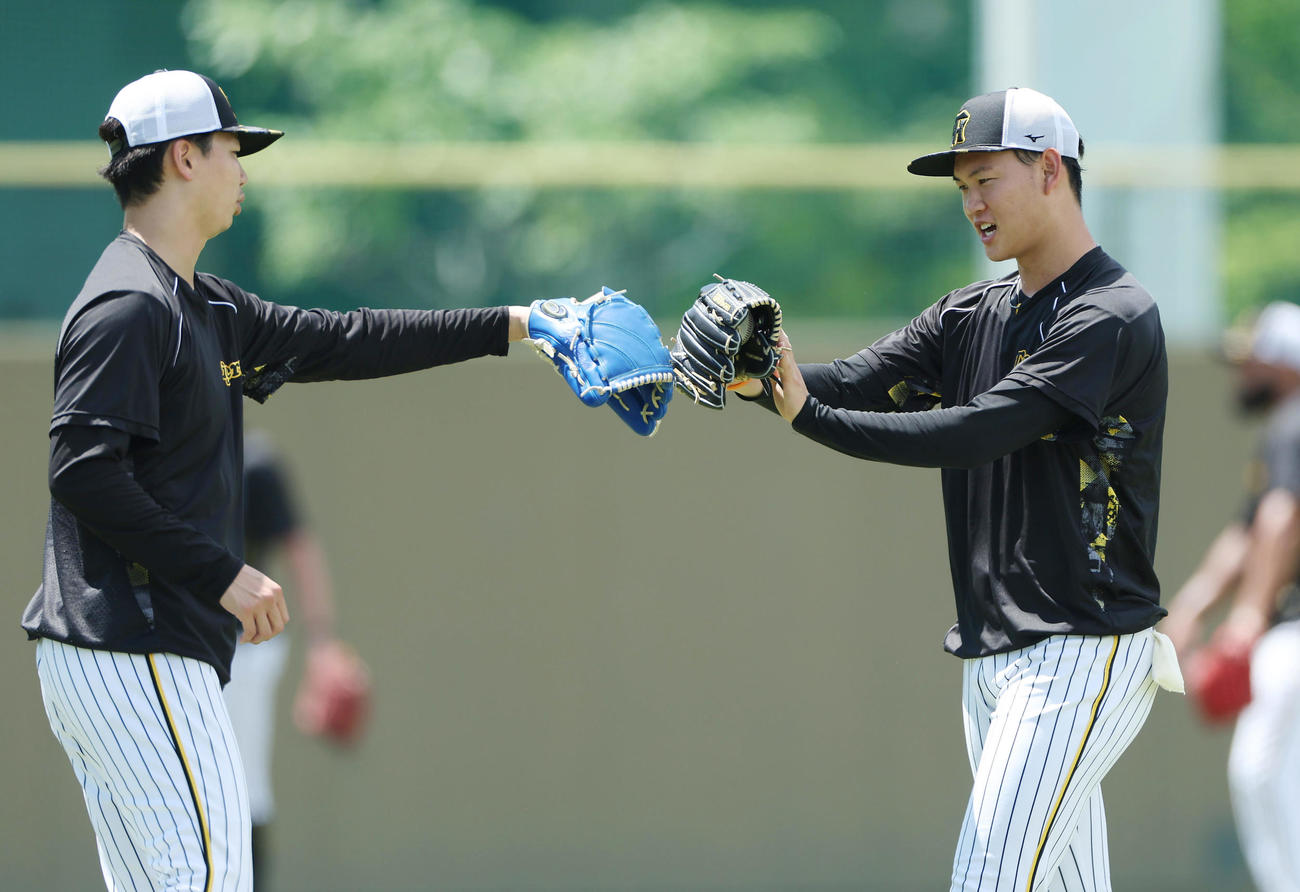 キャッチボールを終え阪神漆原とグラブでタッチする及川（撮影・前田充）
