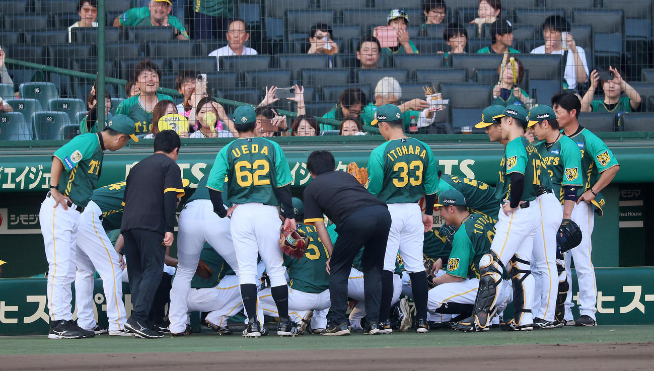 阪神対広島　試合前の円陣を組む阪神ナイン（撮影・加藤哉）