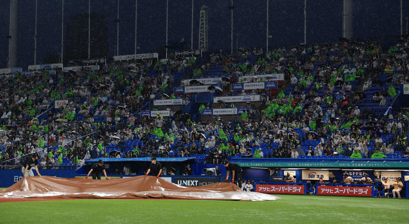 ヤクルト対DeNA 3回裏ヤクルトの攻撃後、雨あしが強まり、シートがかけられるグラウンド（撮影・浅見桂子）