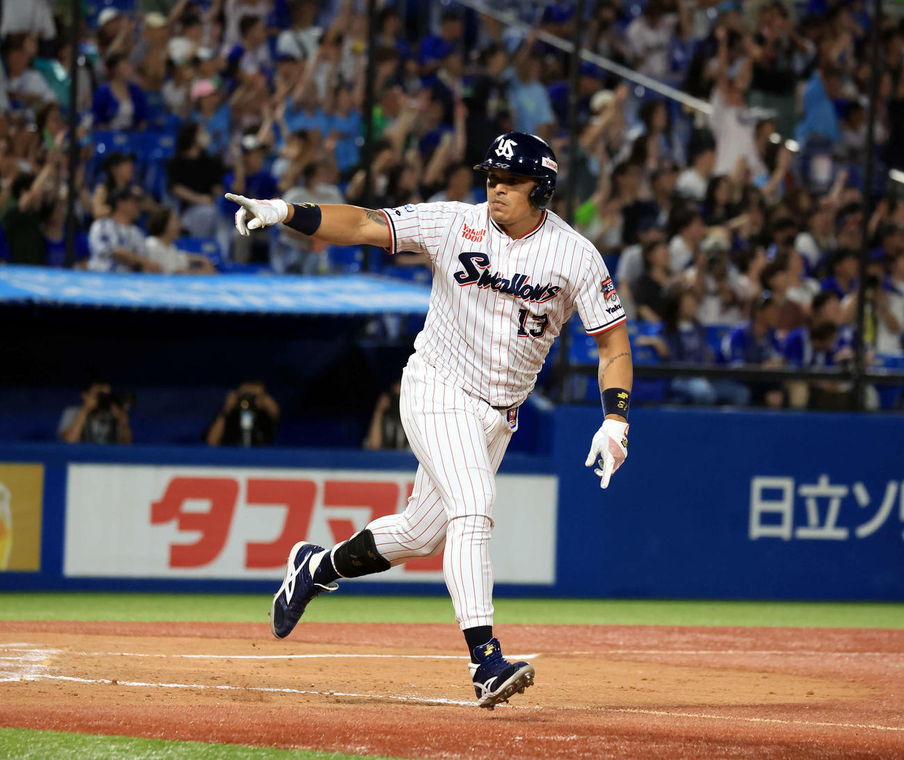 ヤクルト対DeNA 11回裏ヤクルト1死満塁、サヨナラ左適時を放ったオスナはベンチを指さす（撮影・浅見桂子）