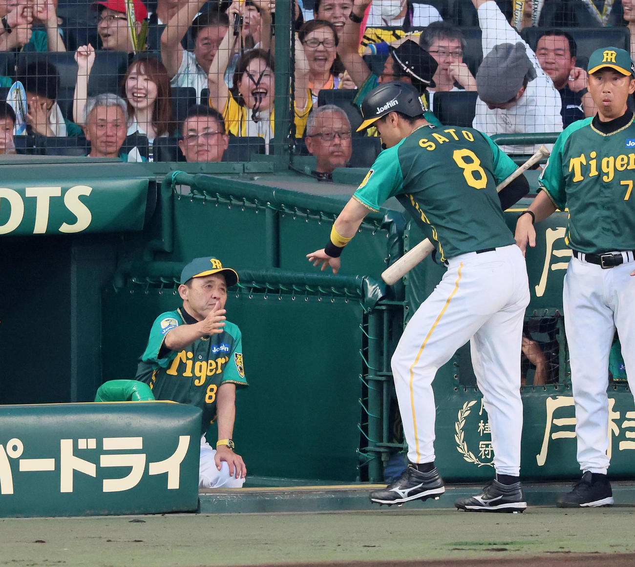阪神対広島　3回裏阪神2死一、三塁、前川の左適時打で生還した三塁走者佐藤輝（右）は岡田監督とタッチする（撮影・加藤哉）