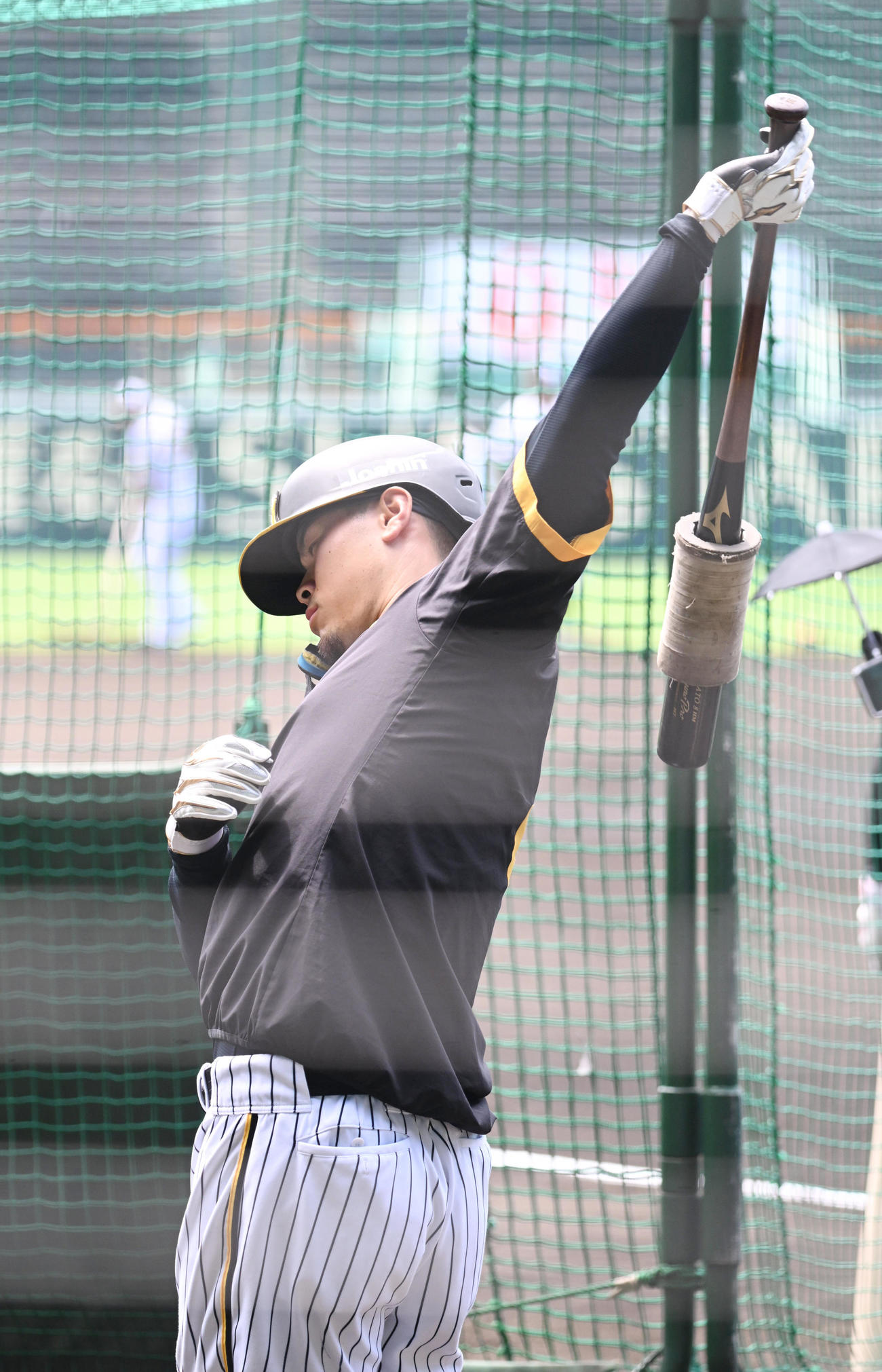 ティー打撃を行う阪神佐藤輝（撮影・和賀正仁）