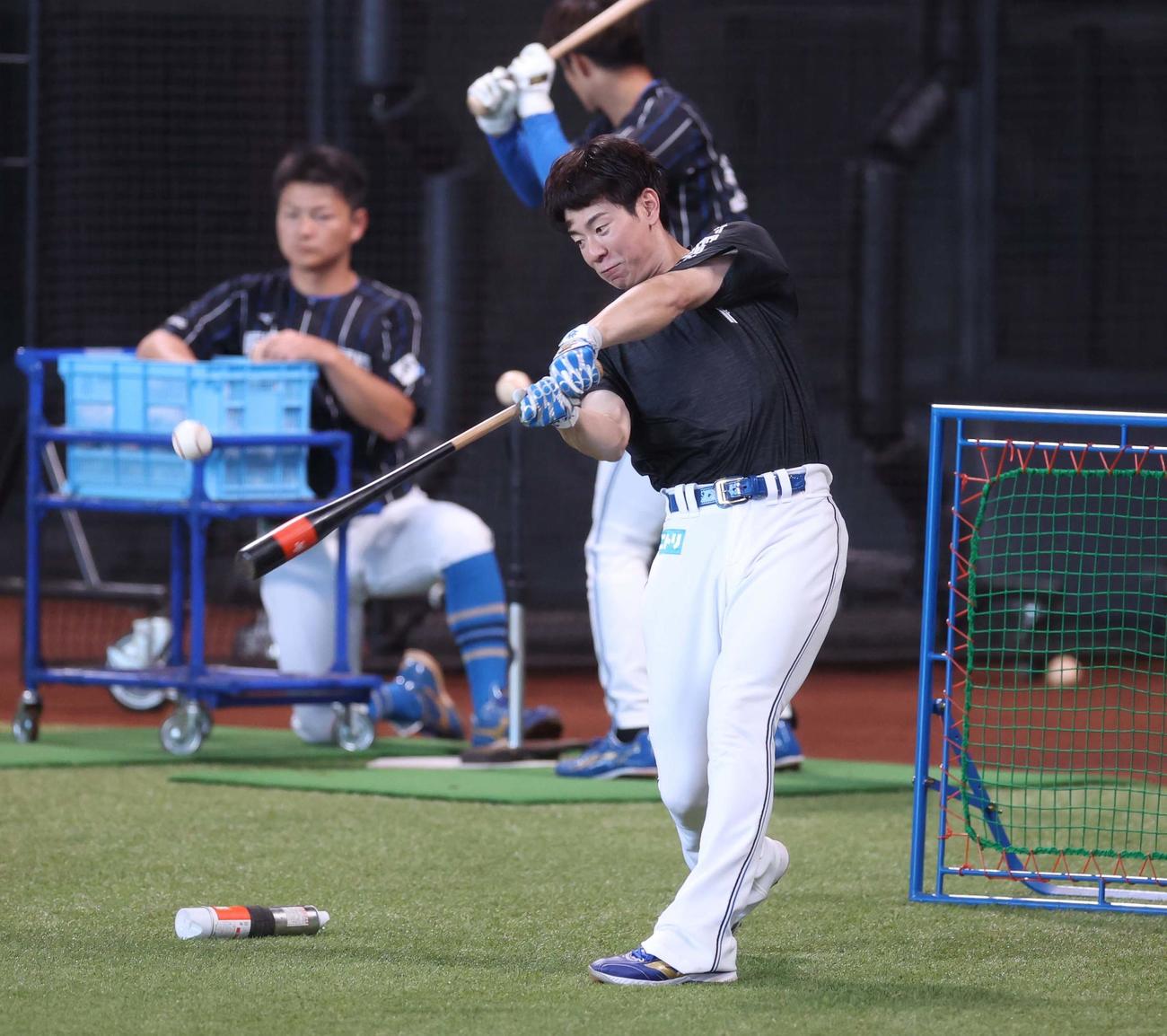 ロングティーする日本ハム松本剛（撮影・黒川智章）