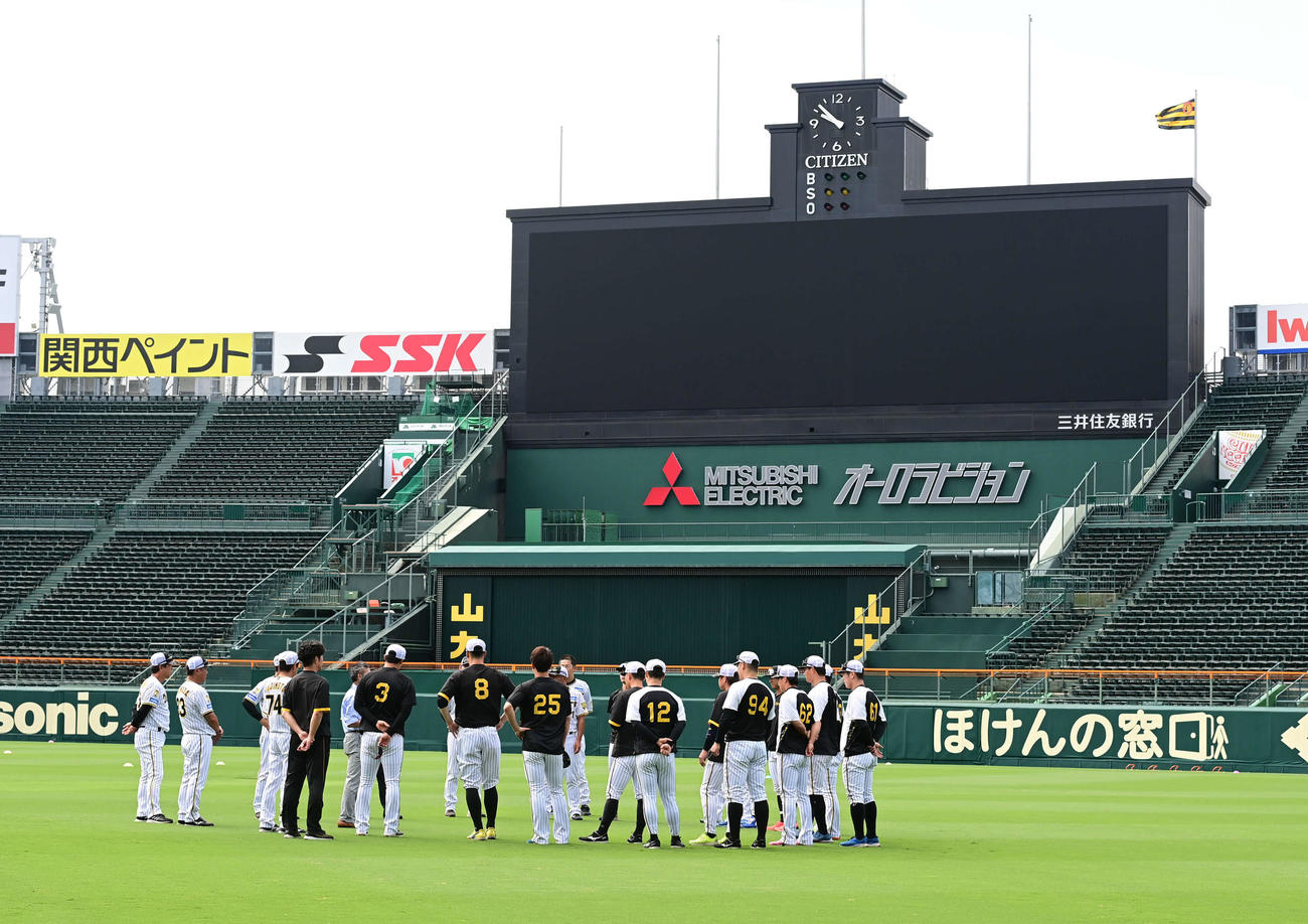 後半戦開始を前に甲子園で円陣を組む阪神ナイン（撮影・和賀正仁）