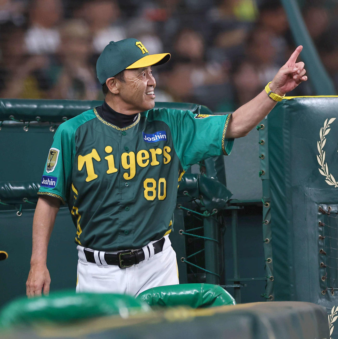 阪神対中日　選手交代を告げる岡田監督（撮影・上田博志）