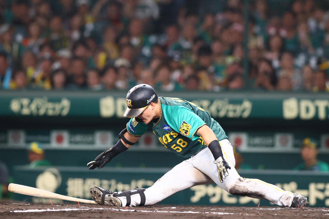 阪神対中日　7回裏阪神2死、前川はファウルを打った直後に足を滑らせ倒れる（撮影・上山淳一）