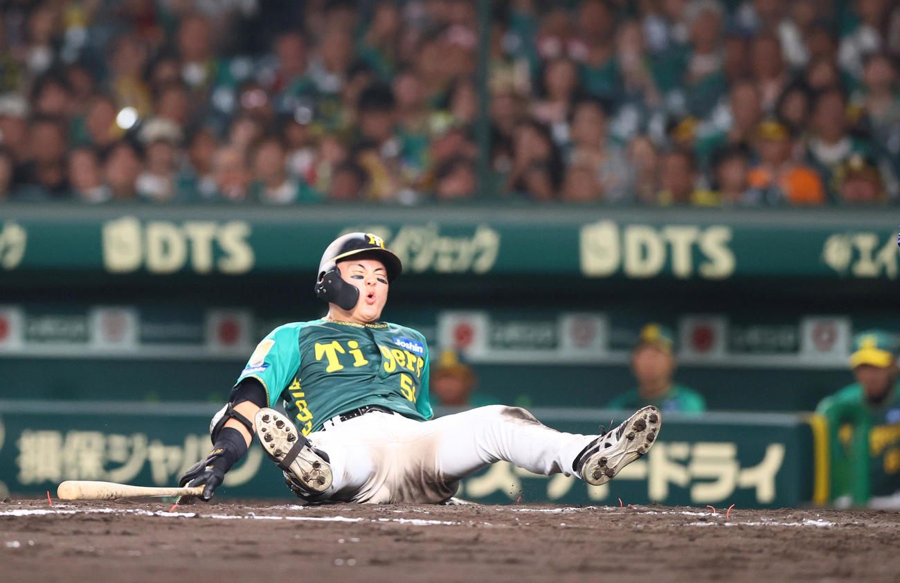 阪神対中日　7回裏阪神2死、前川はファウルを打った直後足を滑らせ倒れる（撮影・上山淳一）