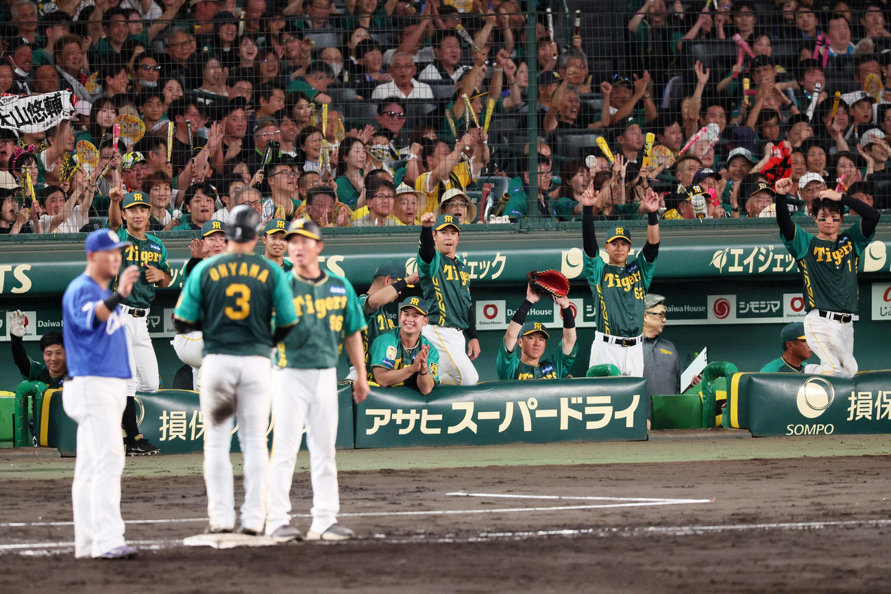 阪神対中日　5回裏阪神1死二塁、大山の左適時打に喜ぶベンチのナイン（撮影・加藤哉）