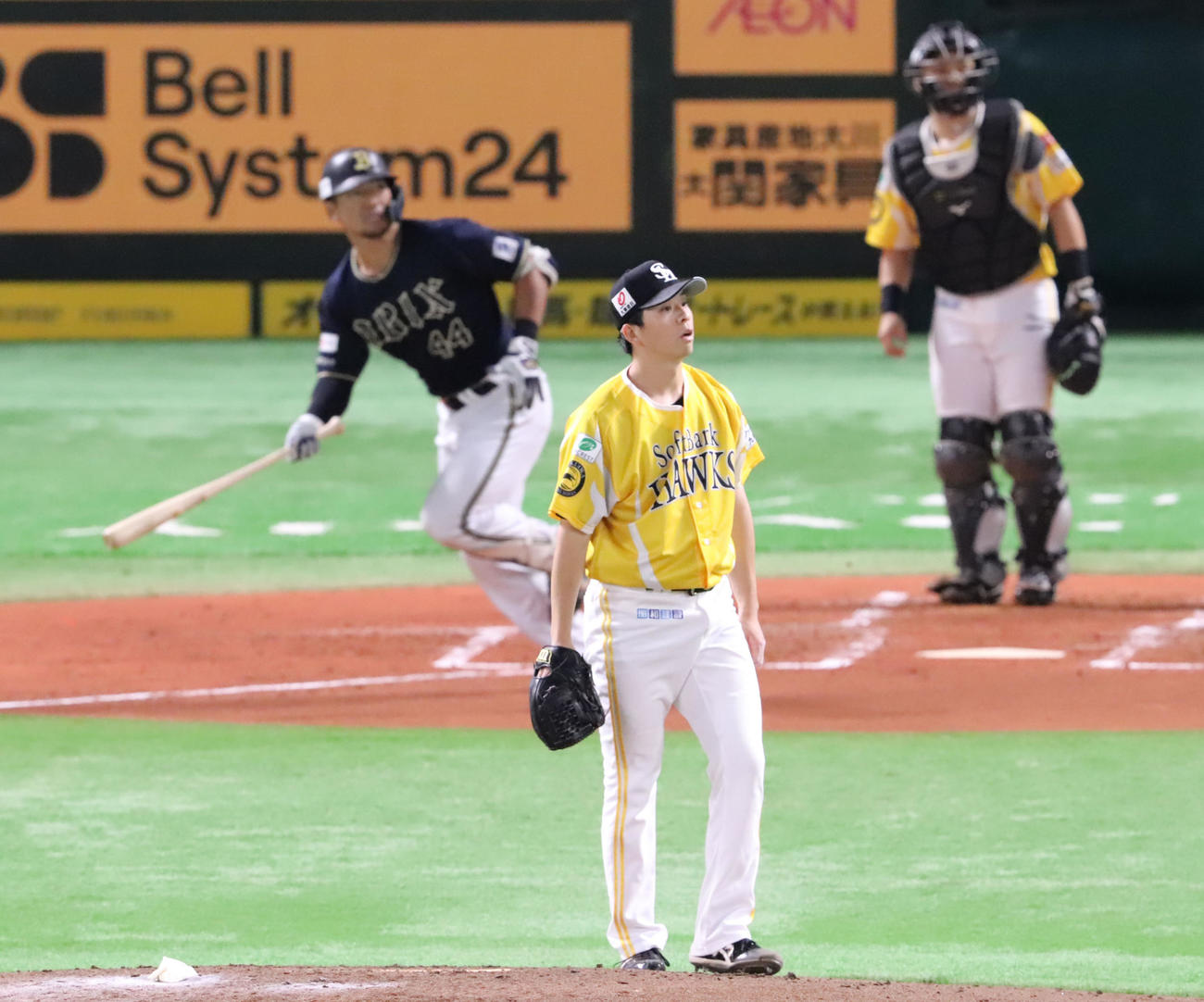 ソフトバンク対オリックス　3回表オリックス無死、頓宮に先制の左越え本塁打を浴びた大関（撮影・鬼束羽瑠菜）