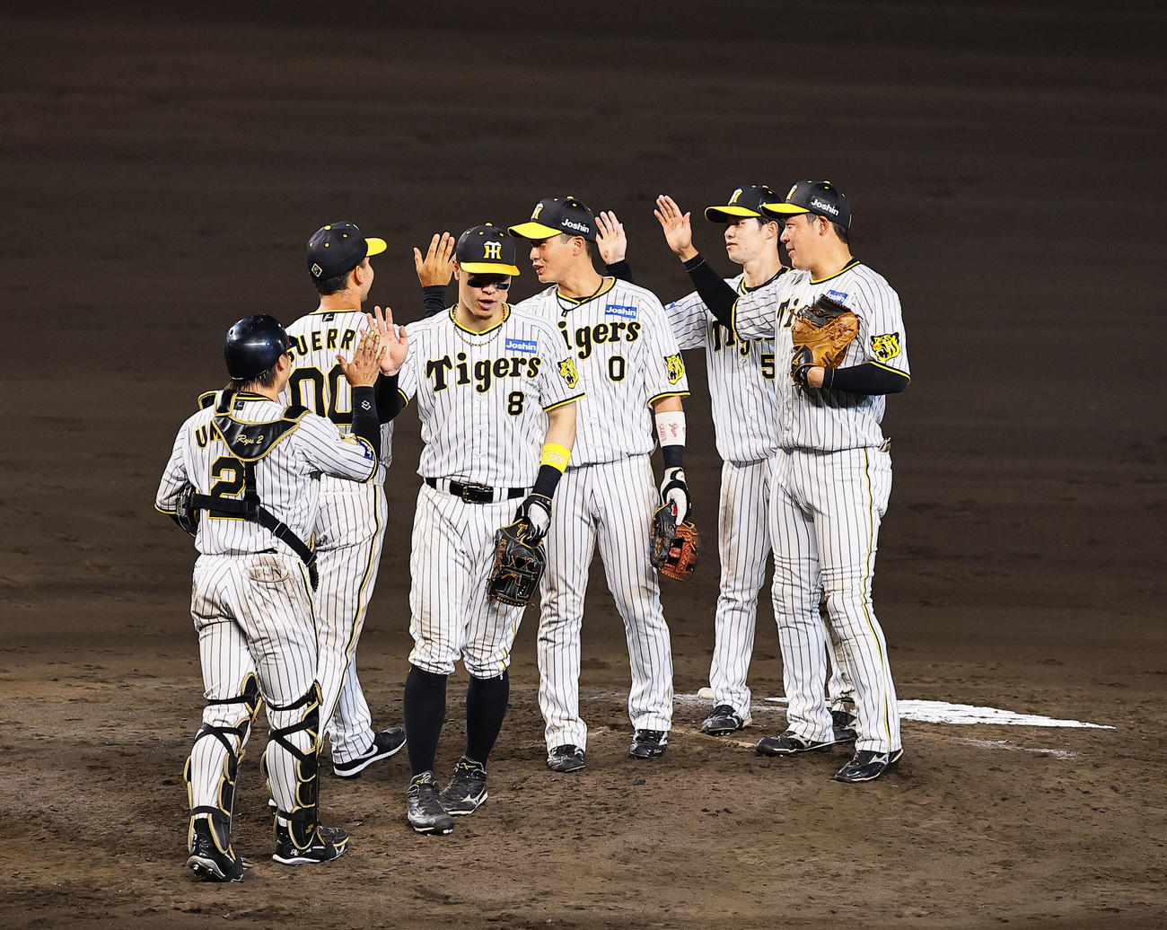 阪神対巨人　巨人に勝利し、タッチを交わす阪神ナイン（撮影・藤尾明華）