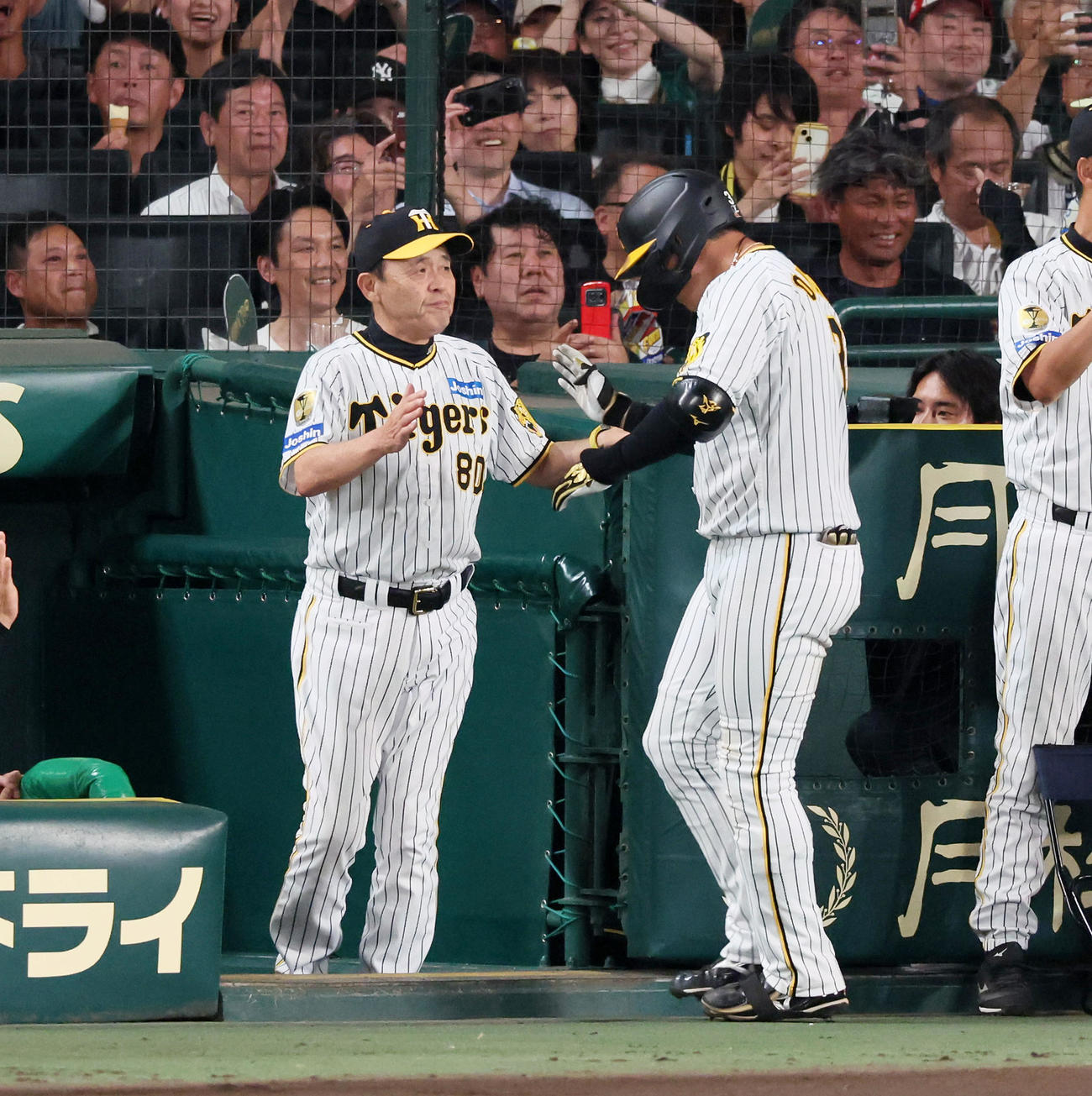 阪神対巨人　6回裏阪神無死一、二塁、左越え3点本塁打を放った大山（右）を出迎える岡田監督（撮影・加藤哉）