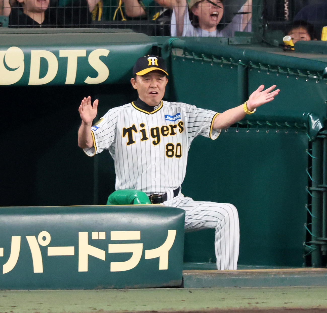 阪神対巨人　6回裏阪神1死一、二塁、中野の適時二塁打にベンチで両手を広げる岡田監督（撮影・加藤哉）