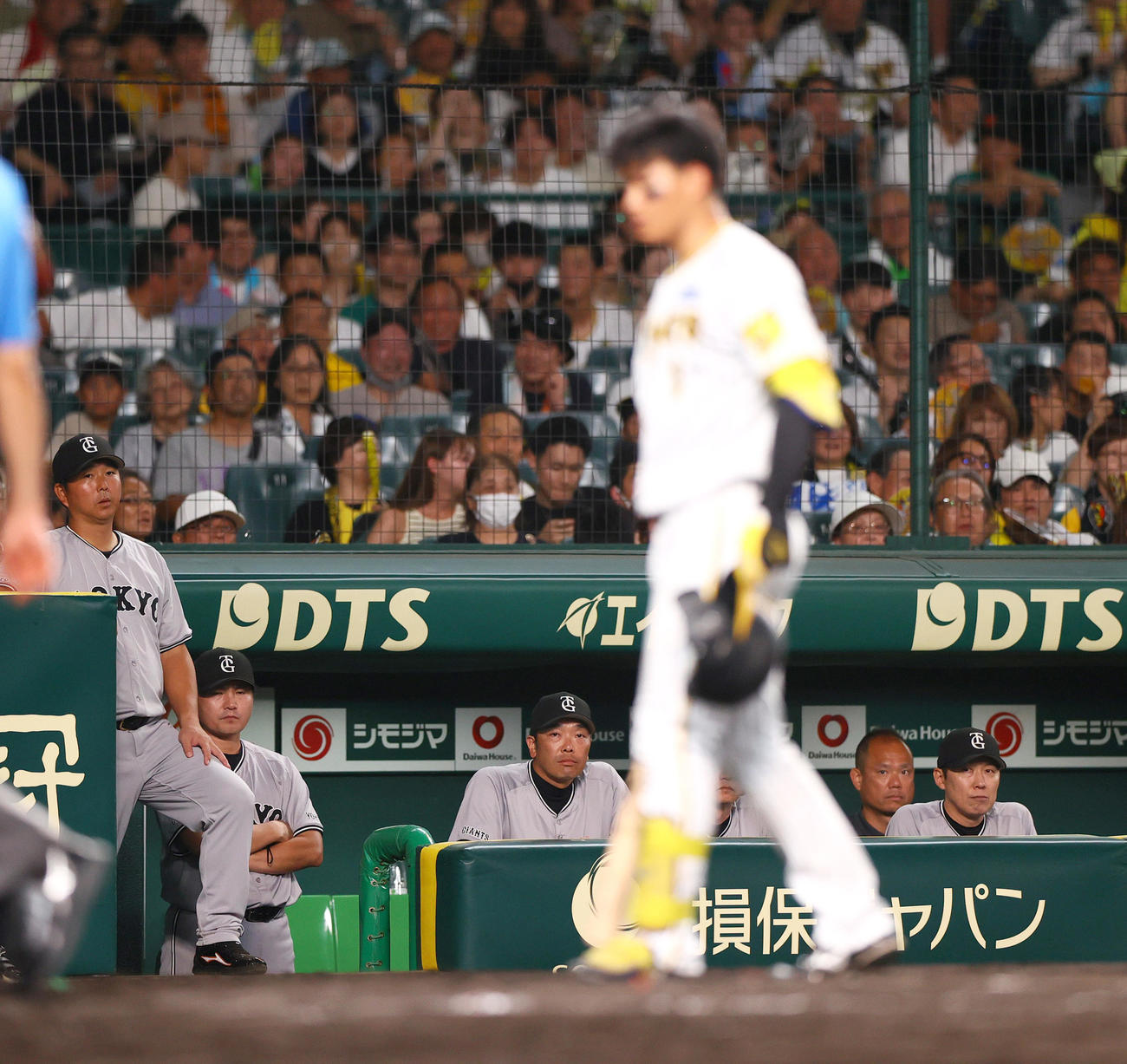 阪神対巨人　7回裏阪神2死二、三塁、阿部監督（中央）森下（手前）を見つめる（撮影・上山淳一）