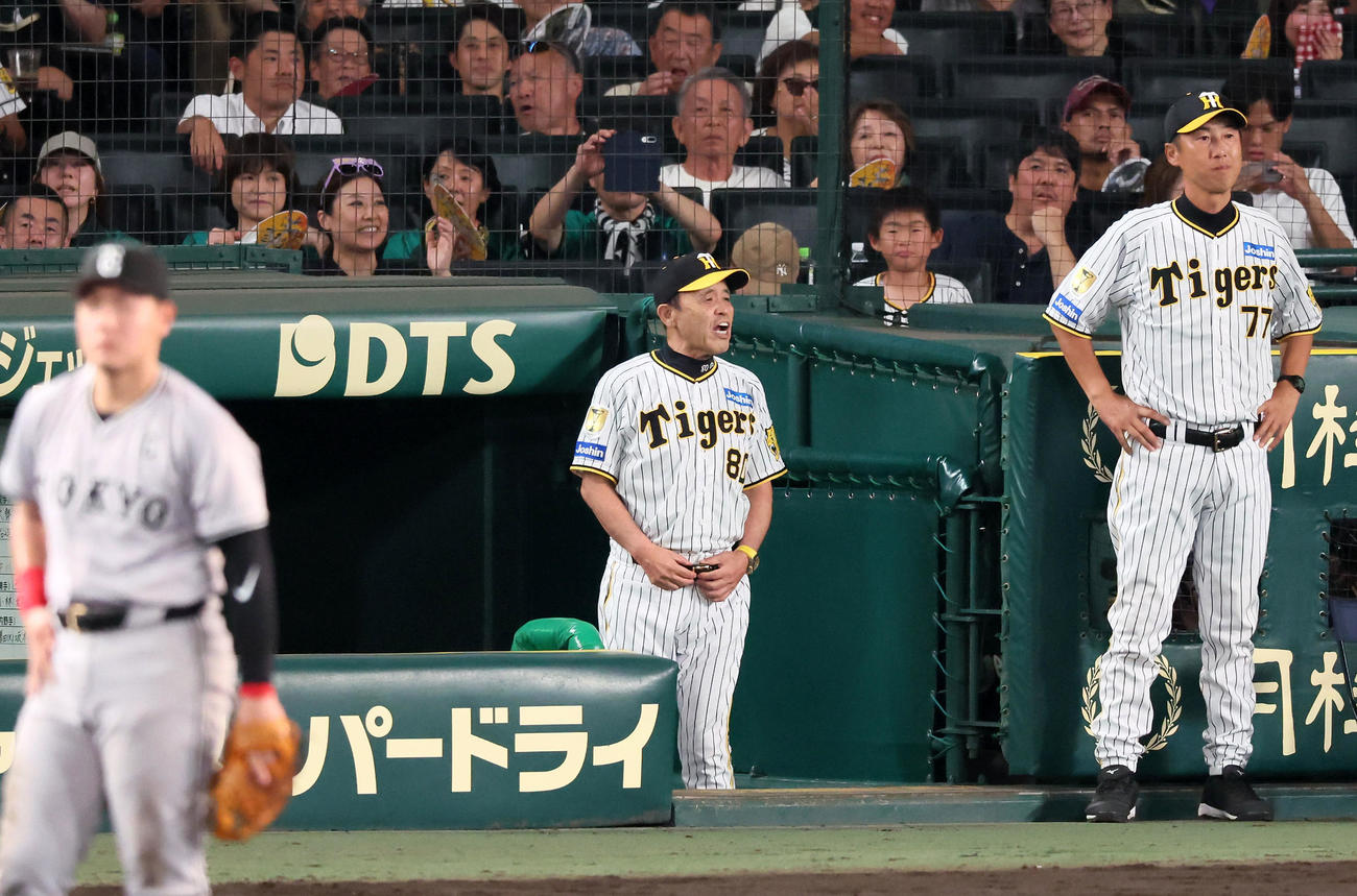 阪神対巨人　7回裏阪神2死二、三塁、森下が遊適時内野安打で出塁した後ベンチからグラウンドに向かって怒気をはらんだ声を出す岡田監督（撮影・加藤哉）