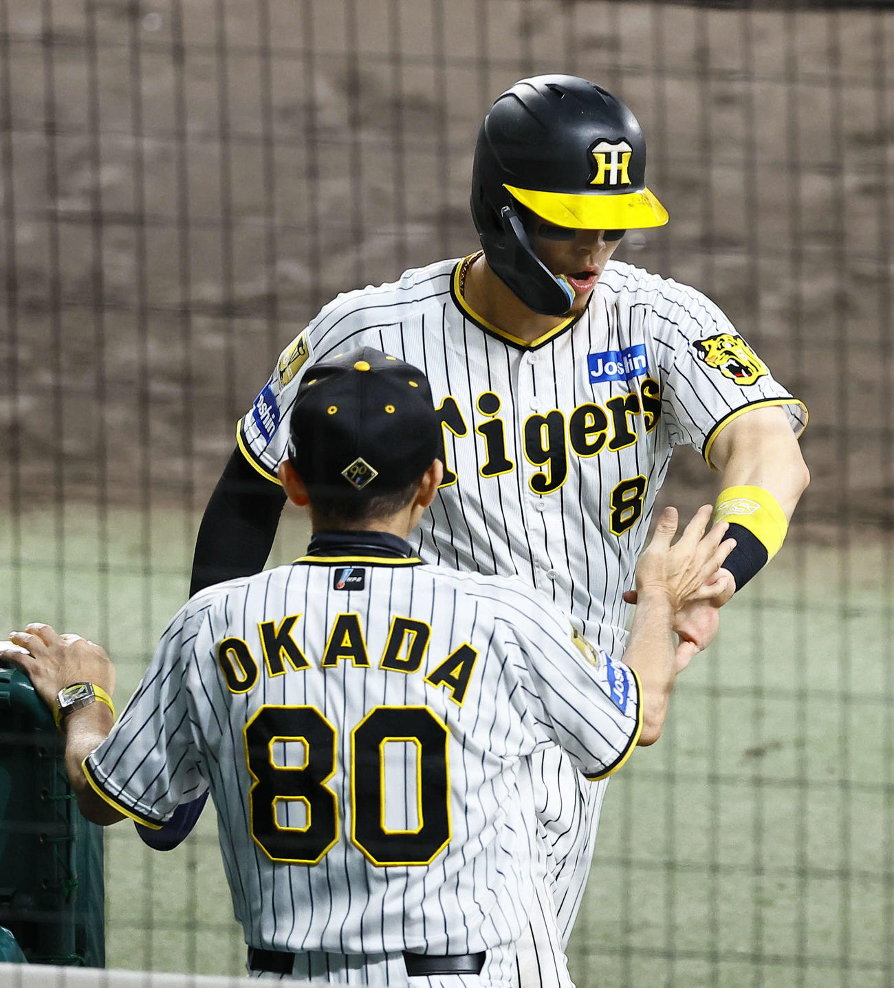 阪神対巨人　6回裏阪神2死一、二塁、野口の中前適時打で生還し、岡田監督とタッチを交わす佐藤輝（撮影・藤尾明華）