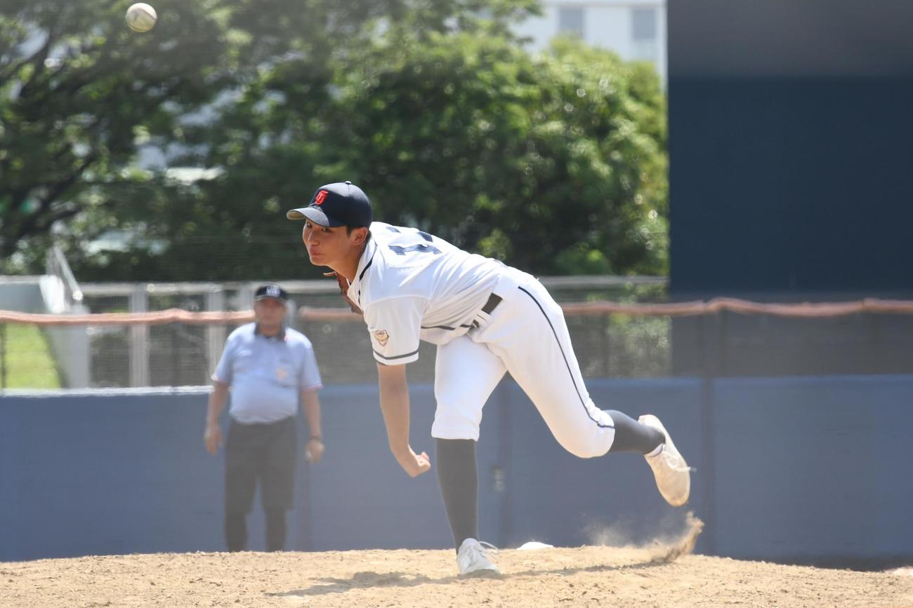 東京神宮の片見は2番手で登板して3回無安打無失点でチームの反撃を待った