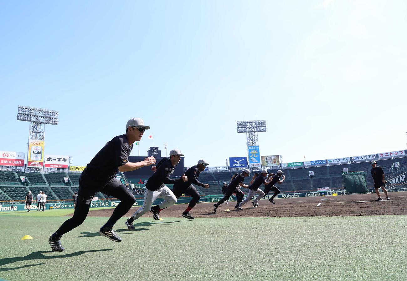 試合前練習に臨む巨人坂本（左端）ら（撮影・足立雅史）