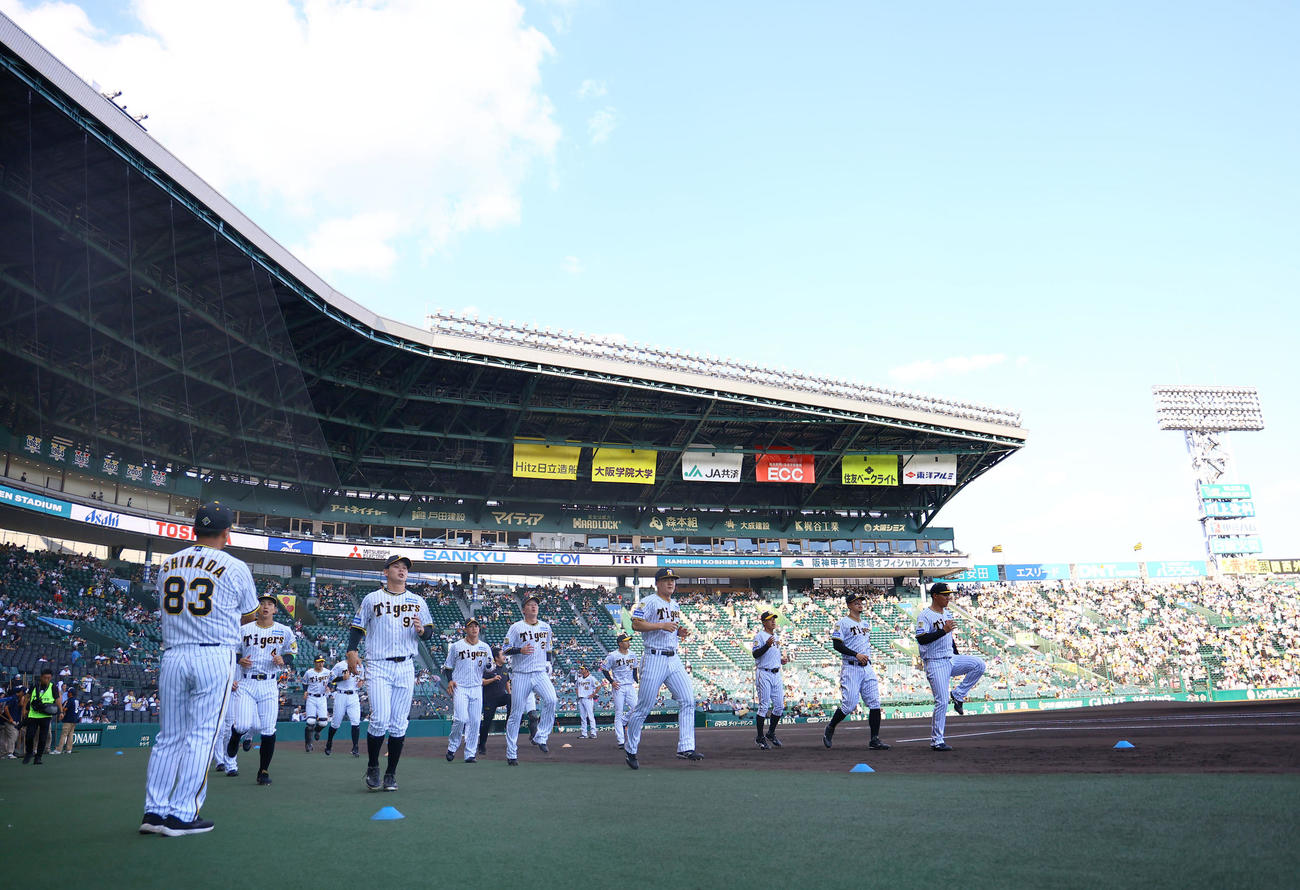 阪神対巨人　ウオーミングアップする阪神ナイン（撮影・藤尾明華）
