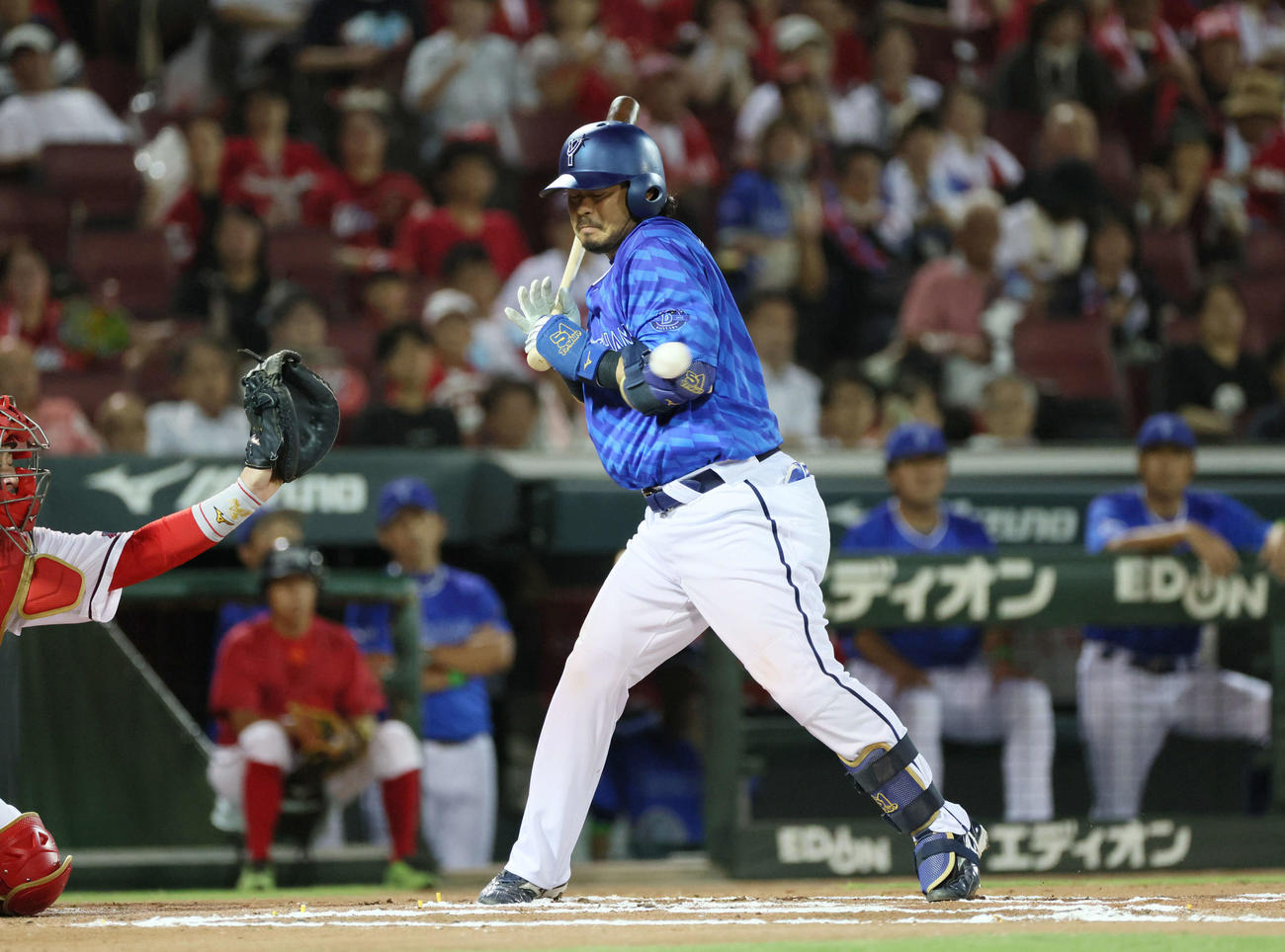 広島対DeNA 6回表DeNA無死二塁、宮崎は死球（撮影・加藤孝規）