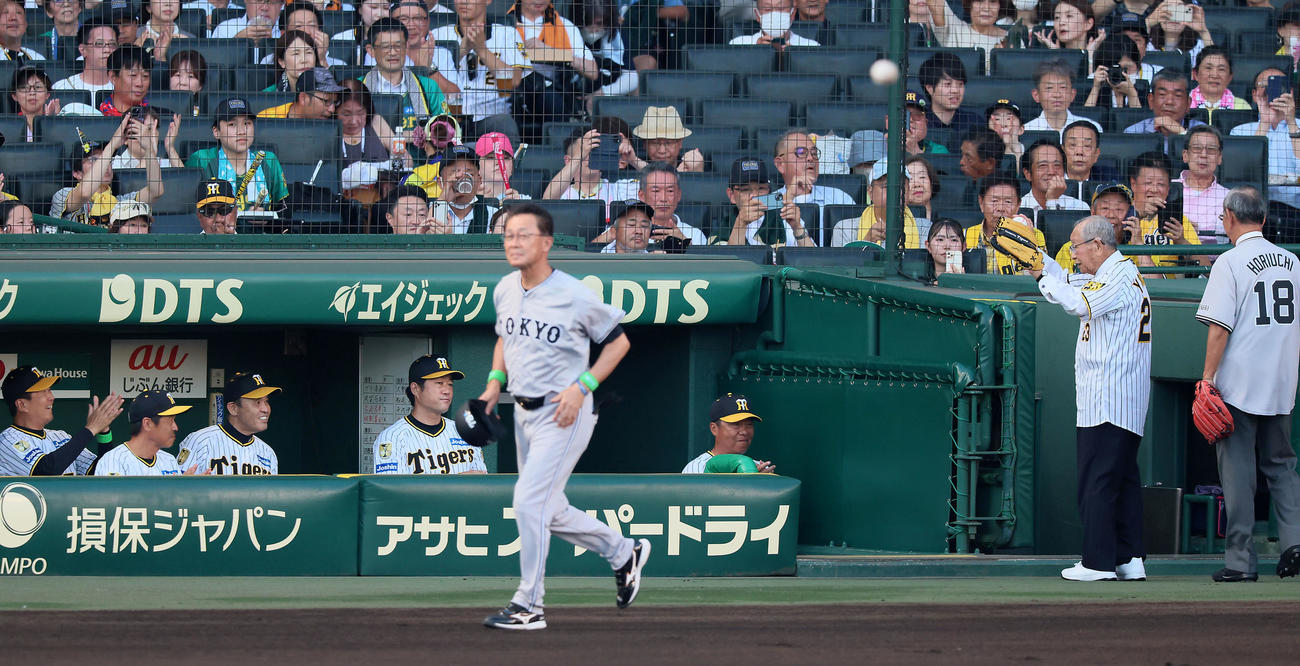 阪神対巨人　始球式を終えた日刊スポーツ評論家の吉田義男氏は岡田監督のいる阪神ベンチへあいさつする。右は堀内恒夫氏（撮影・加藤哉）