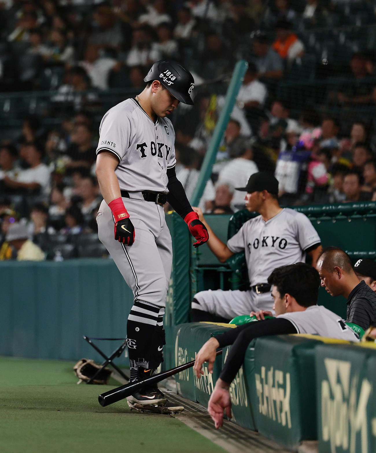 阪神対巨人　6回表巨人2死一塁、岡本和（左）は空振り三振に倒れベンチに戻る（撮影・足立雅史）