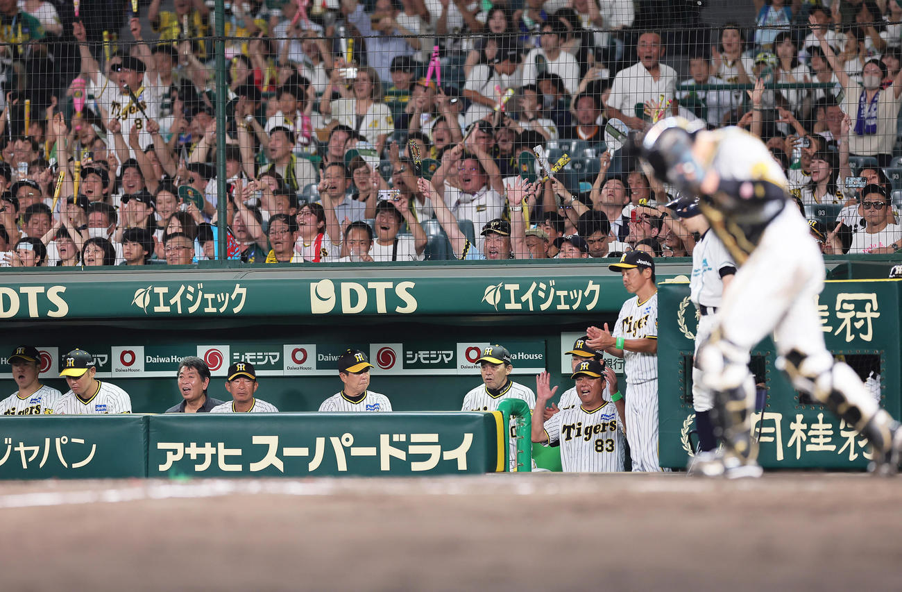 阪神対巨人　甲子園球場100周年のメモリアルゲームを勝利で飾り喜ぶ阪神岡田監督（後方右から3人目）ら（撮影・足立雅史）