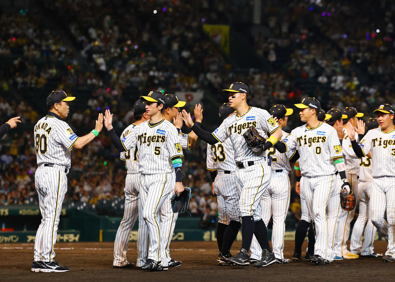 阪神対巨人　100周年を勝利で飾りタッチを交わす岡田監督（左端）ら阪神ナイン（撮影・藤尾明華）