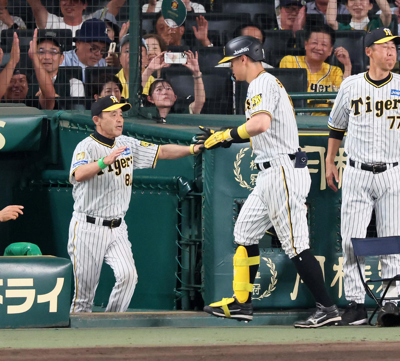阪神対巨人　8回裏阪神1死、佐藤輝は右越えソロ本塁打を放ち出迎える岡田監督（左）とタッチする（撮影・加藤哉）