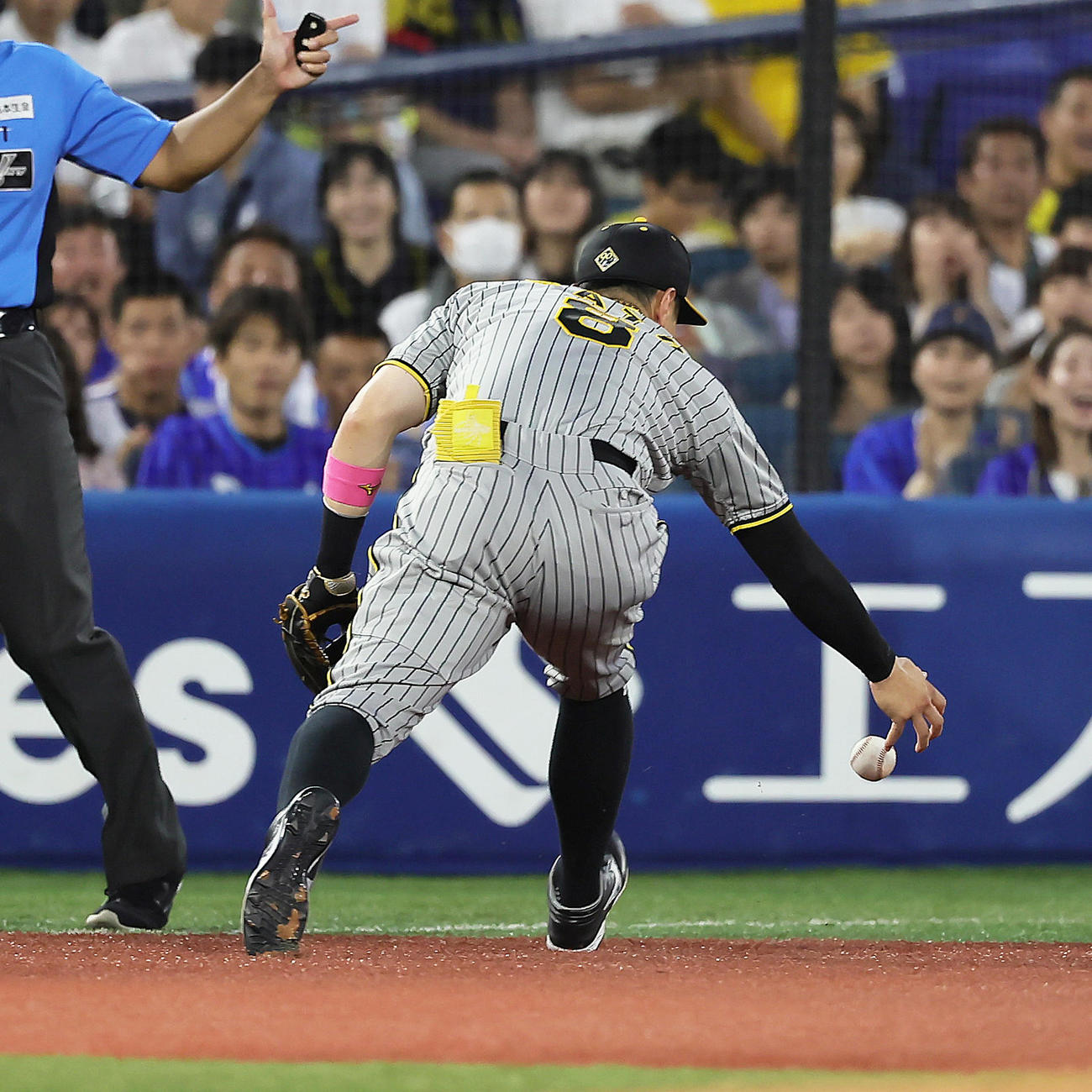DeNA対阪神　3回裏DeNA1死、牧の打球をファンブルする三塁手佐藤輝（撮影・足立雅史）